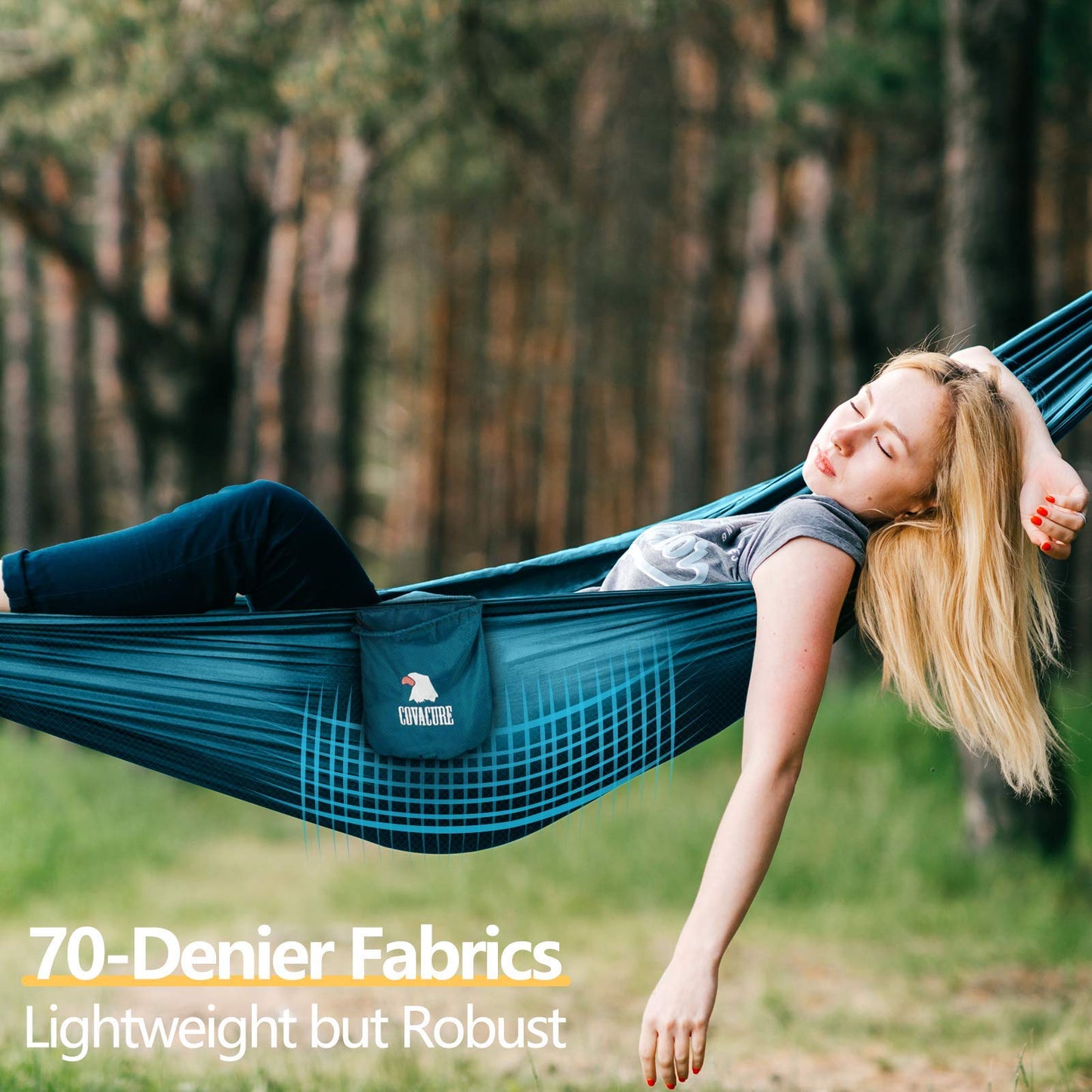 COVACURE Camping Hammock - 270 * 150cm Ultralight 70-Denier Durable & Breathable Nylon Travel Hammocks with Two 10FT Tree Straps for Outdoor Camping Accessories (330lbs Capacity), Blue