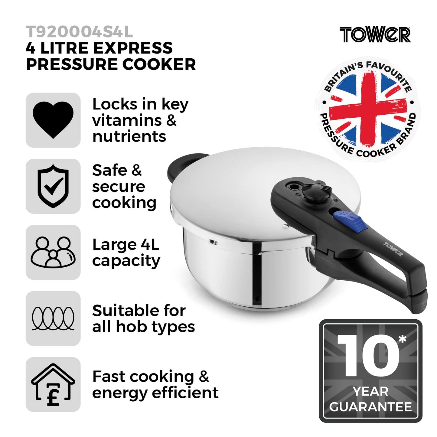 - Tower T920004S4L Express Pressure Cooker | Bakelite Handle | Secure Locking Lid -
