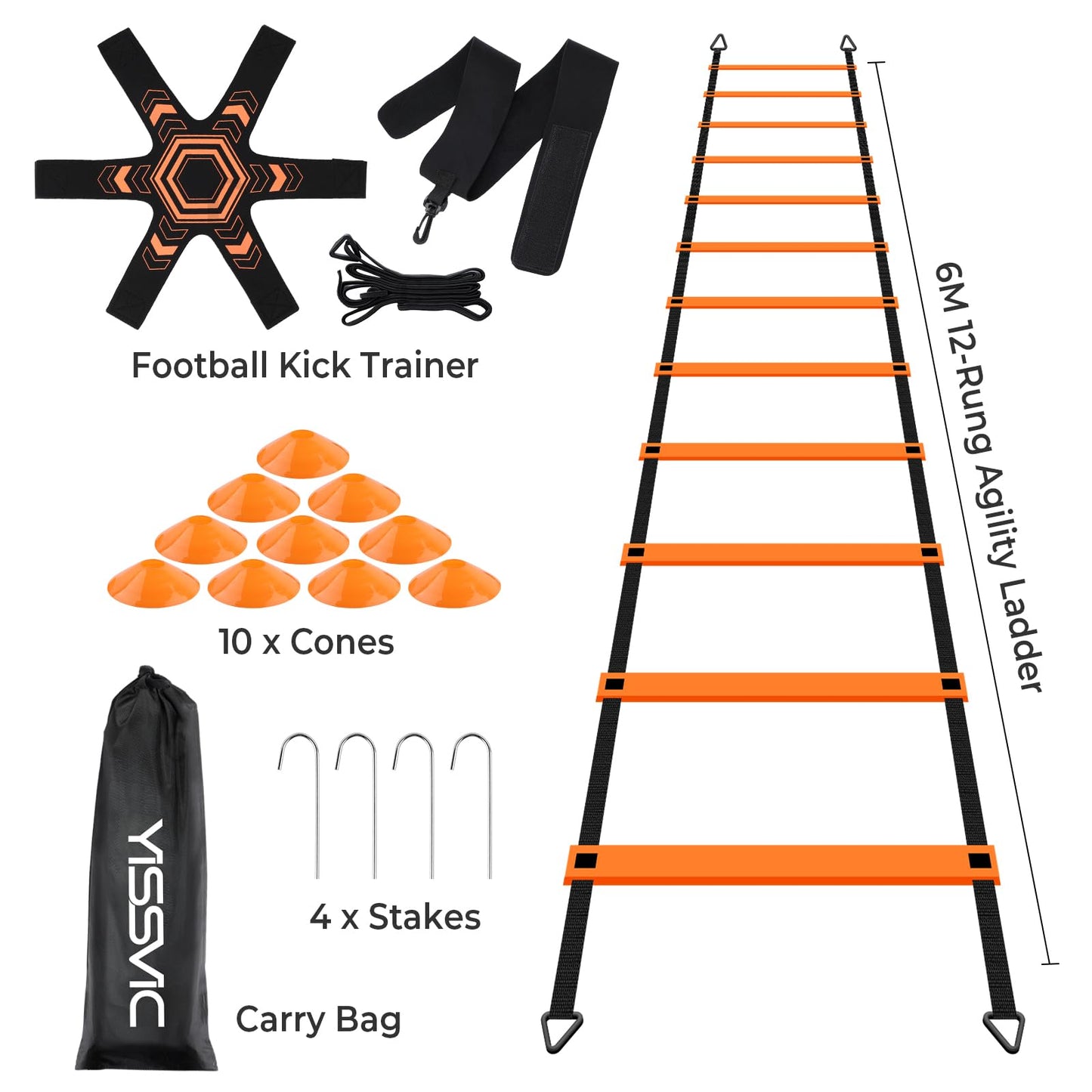 - YISSVIC Football Training Equipment Speed Agility Ladder Football Kick Trainer Set 6M 12-Rung with 10 Cones and 4 Stakes for Kids Children