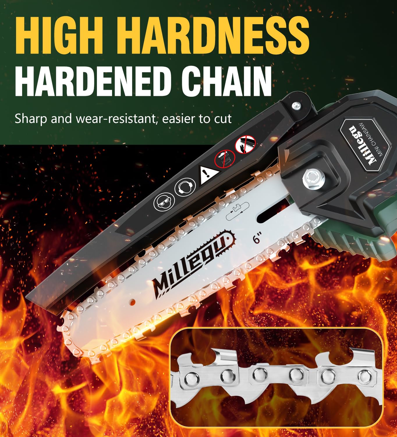 - Millegu Mini Chainsaw | Brushless Motor | 6 Inch Electric Chainsaw Cordless | 2 * 2000mAh Battery & 2 Chains -