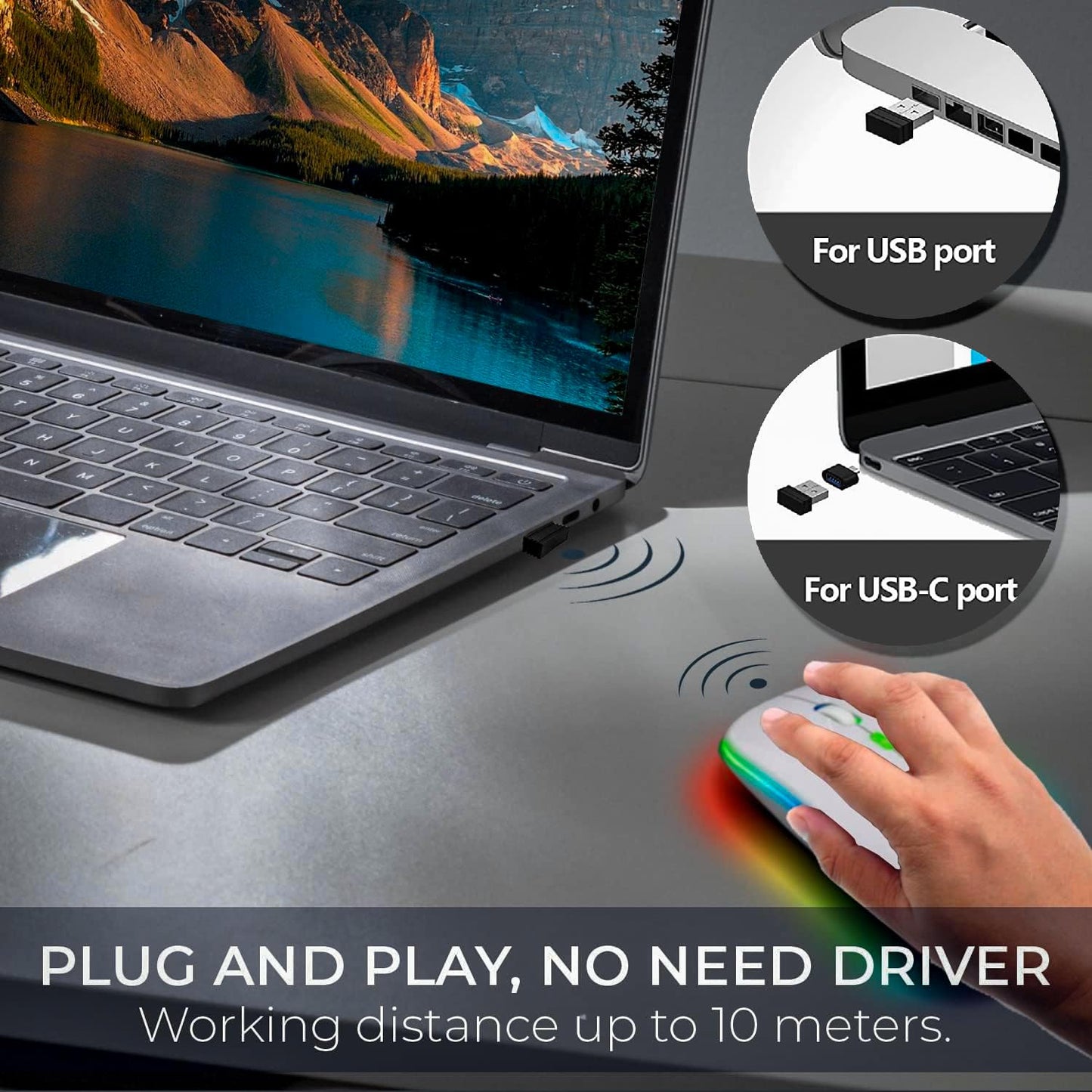 - Wireless Mouse for Laptop With 2 USB A to USB C Adapter, 2.4GHZ Bluetooth Mouse