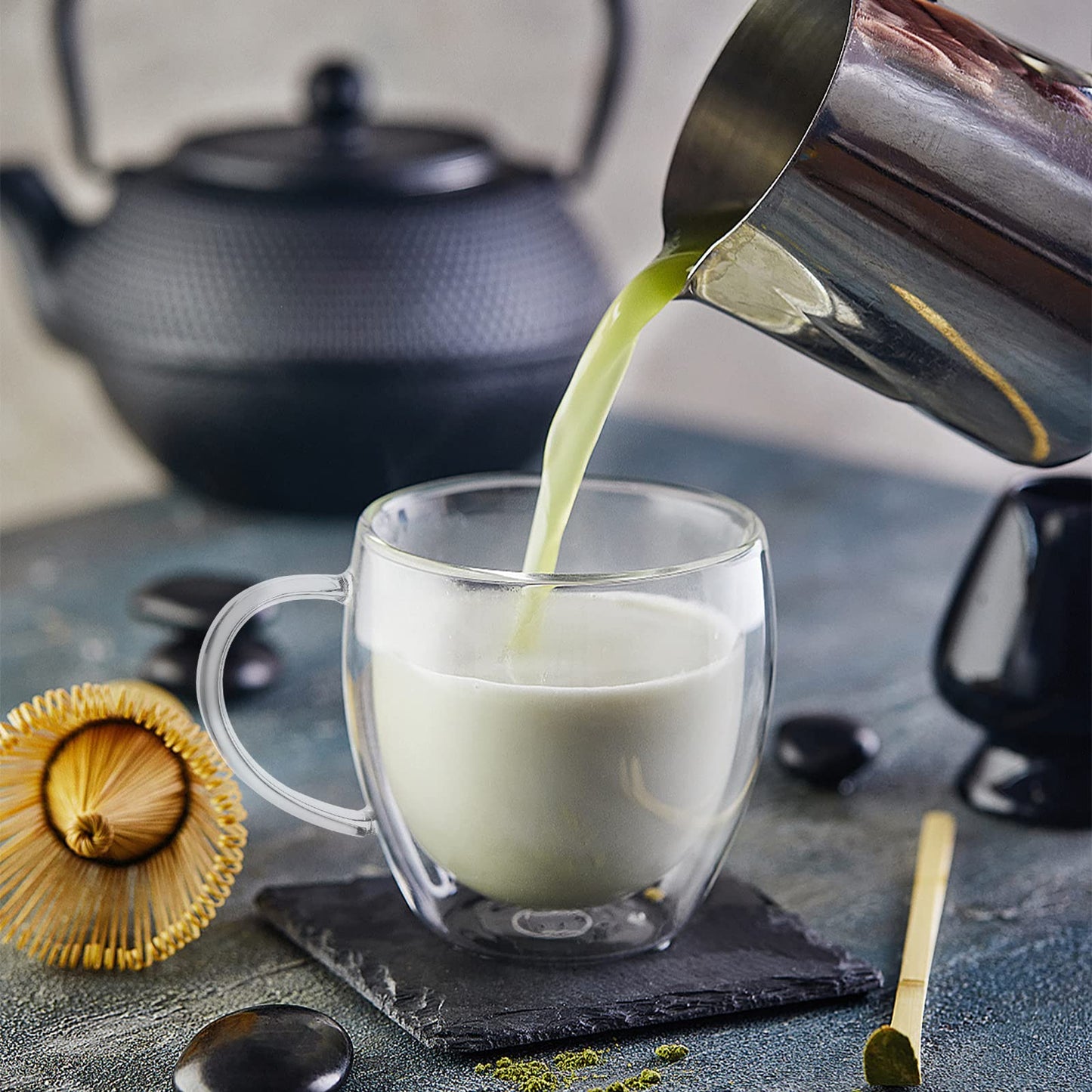 - Set of 4 Double Walled Glass Mug Set | Double Walled Insulated Drinking Glass | Coffee Mugs with Handle -