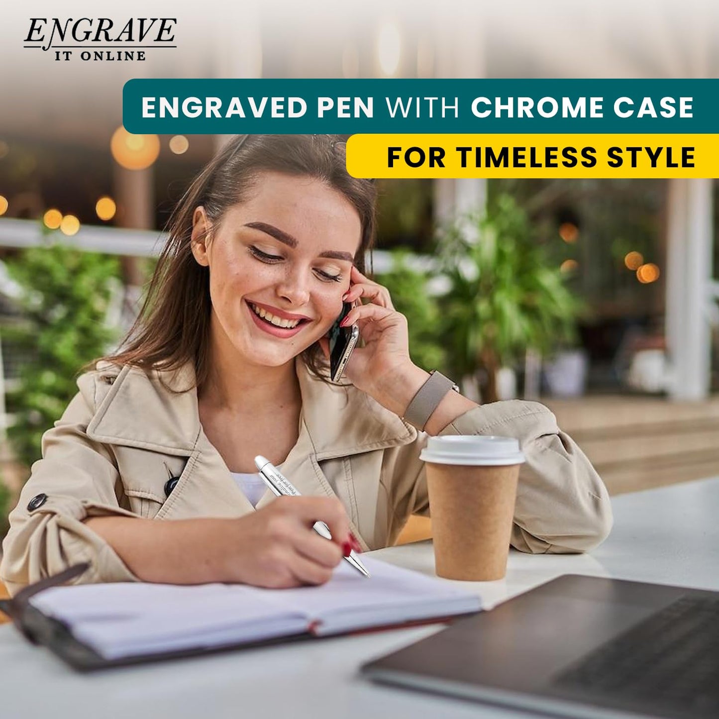 - EIO Gifts Personalised Pen | BallPoint Silver Pen in Chrome Case | Engraved -