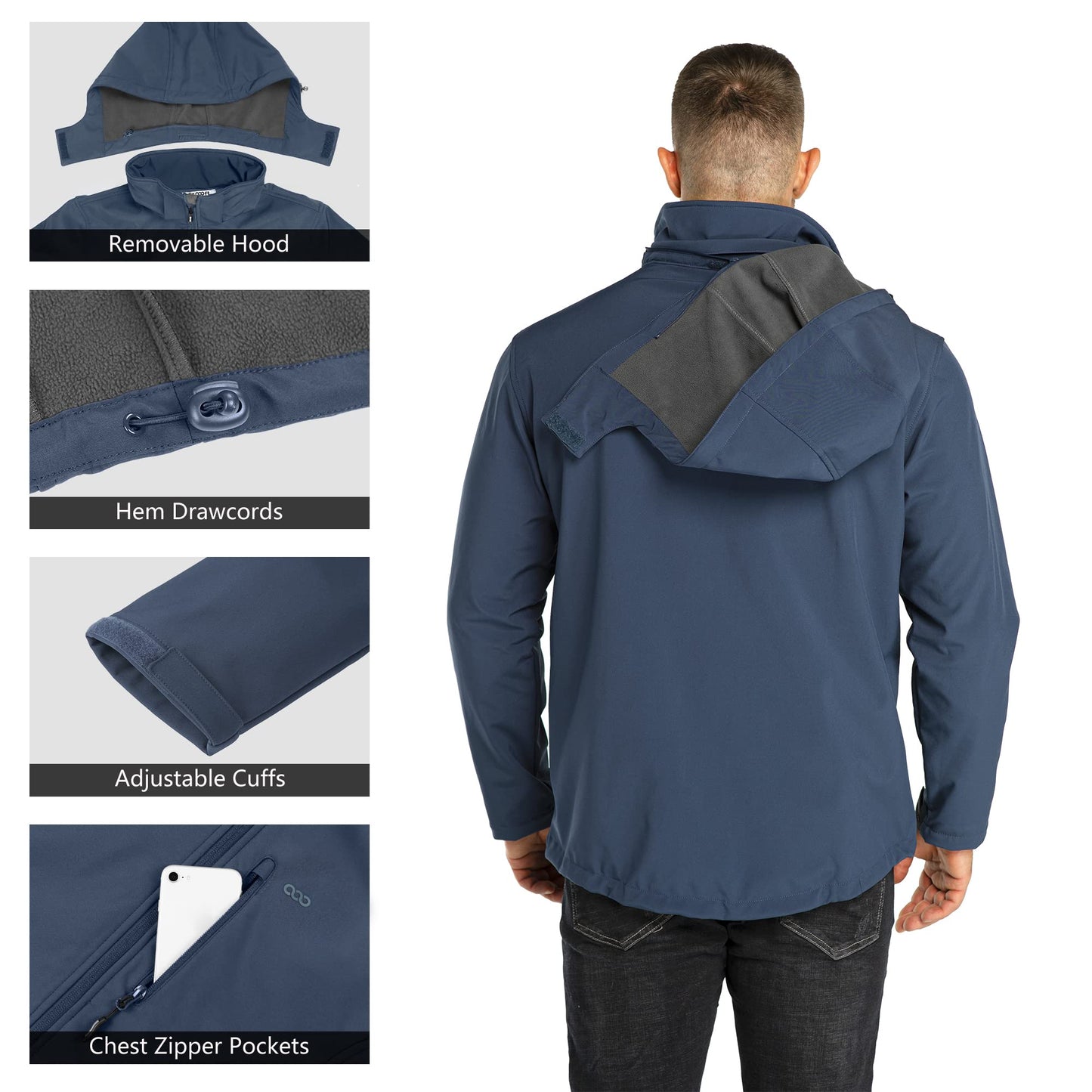33,000ft Men's Waterproof Jackets Fleece Lining Softshell Jacket - Multi Pockets Outdoor Windproof Coat With Detachable Hood Navy blue S