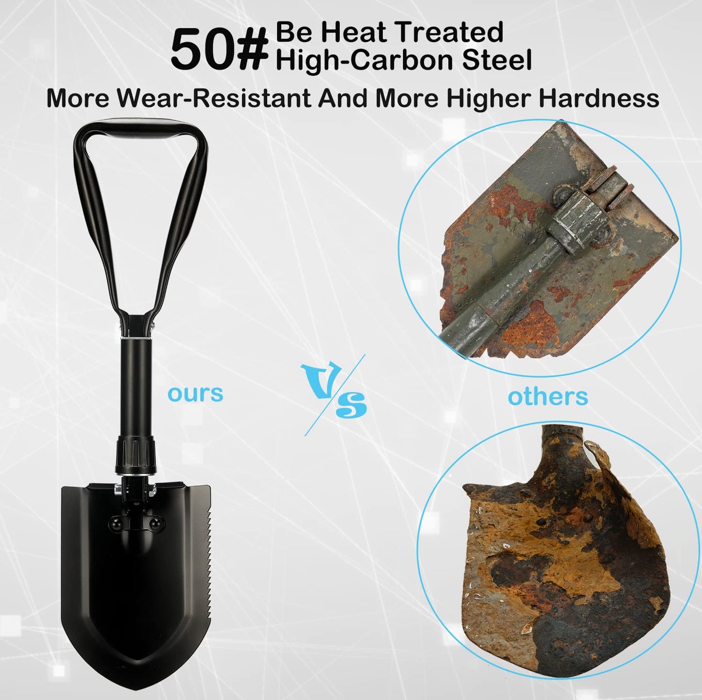 - Camping Shovel | 50# High-Carbon Steel Entrenching Tool | Folding | Portable Shovel For Garden, Hunting, Hiking, Fishing | Black -