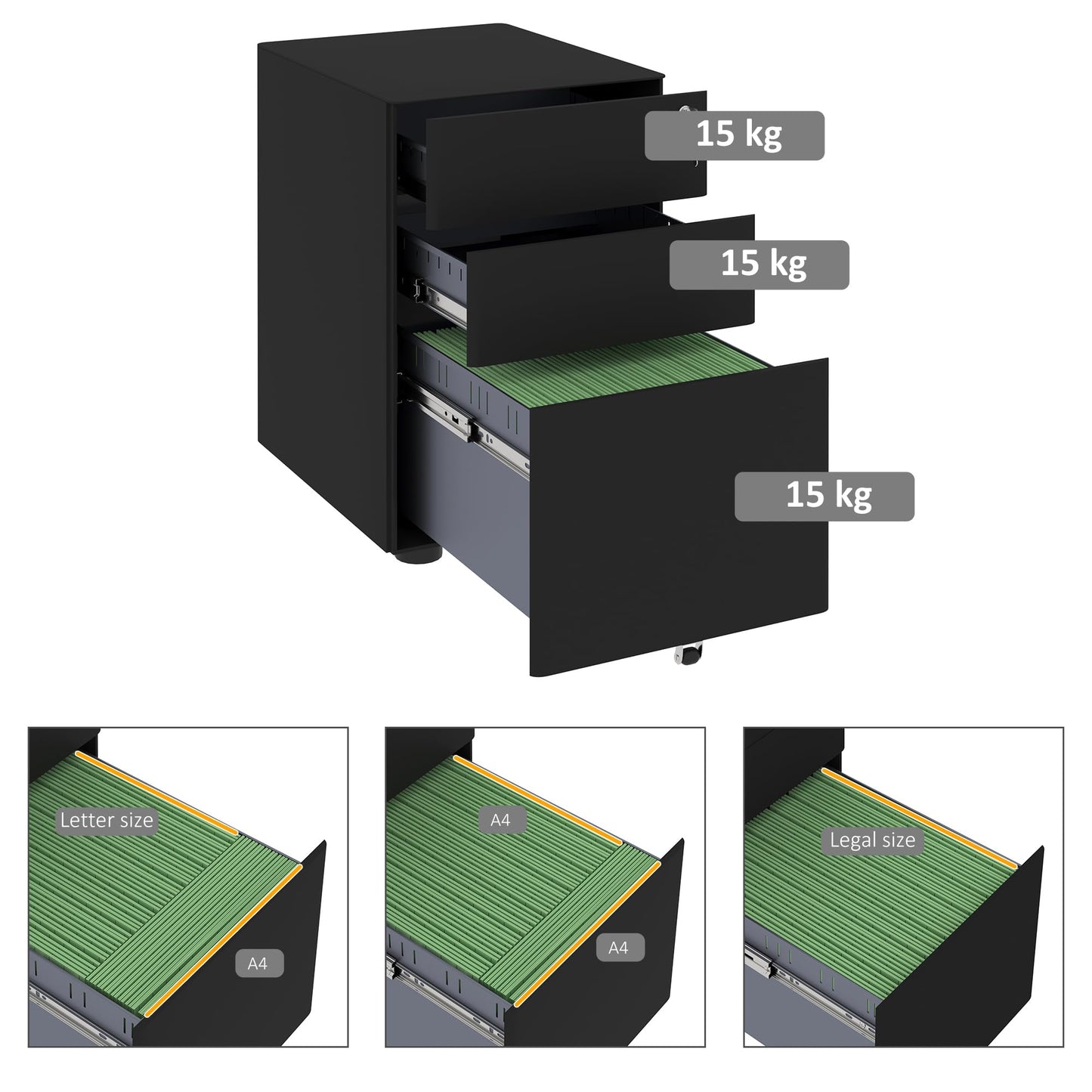 - Vinsetto Lockable File Cabinet with 3 Drawers, Steel Rolling Filing Cabinet with 5 Wheels -