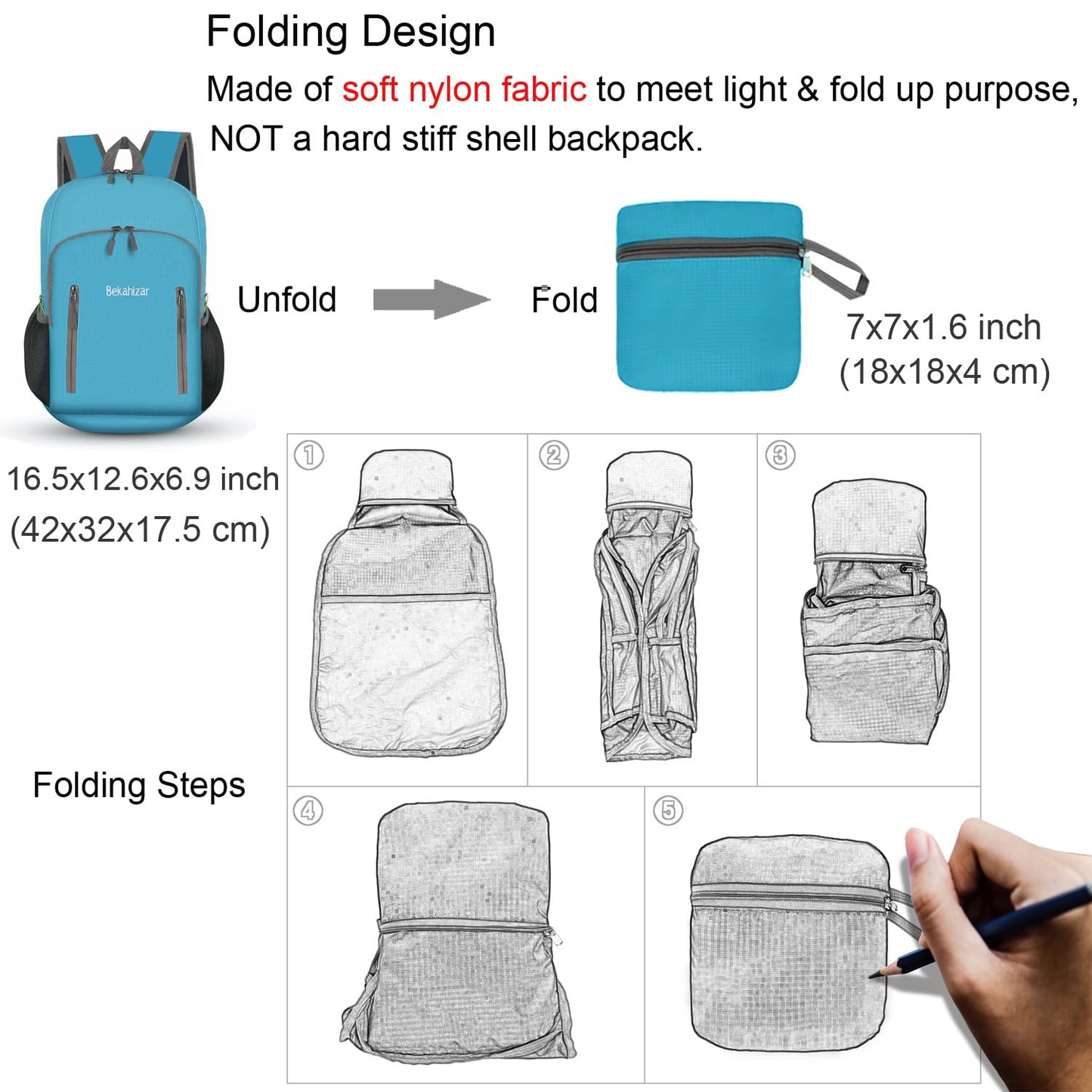 Bekahizar 20L Ultra Lightweight Backpack Foldable Hiking Daypack Rucksack Water Resistant Travel Day Bag for Men Women Kids Outdoor Camping Mountaineering Walking Cycling Climbing (Blue)