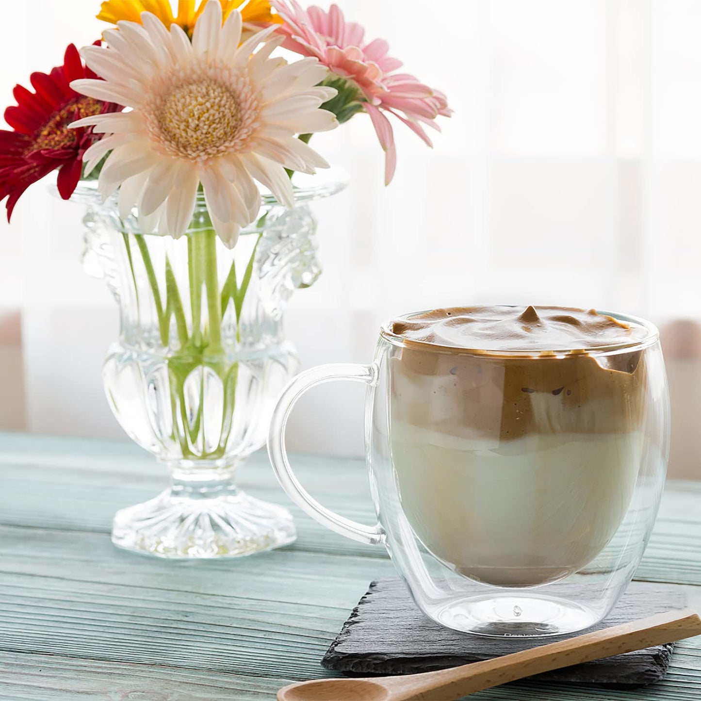 - Set of 4 Double Walled Glass Mug Set | Double Walled Insulated Drinking Glass | Coffee Mugs with Handle -