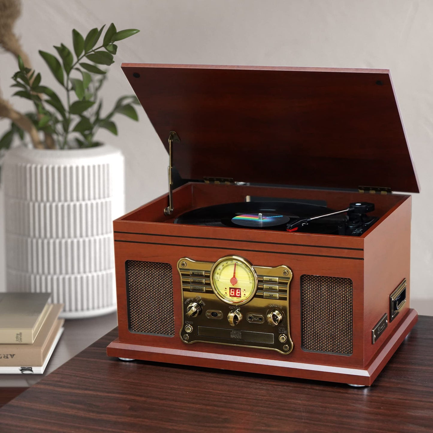 - 10-in-1 Bluetooth Record Player Multifunctional 3-Speed Turntable for Vinyl Record with Stereo Speaker,LP Vinyl to MP3 Converter with CD, Cassette Player,FM Radio,Wireless Music Streaming | Mahogany