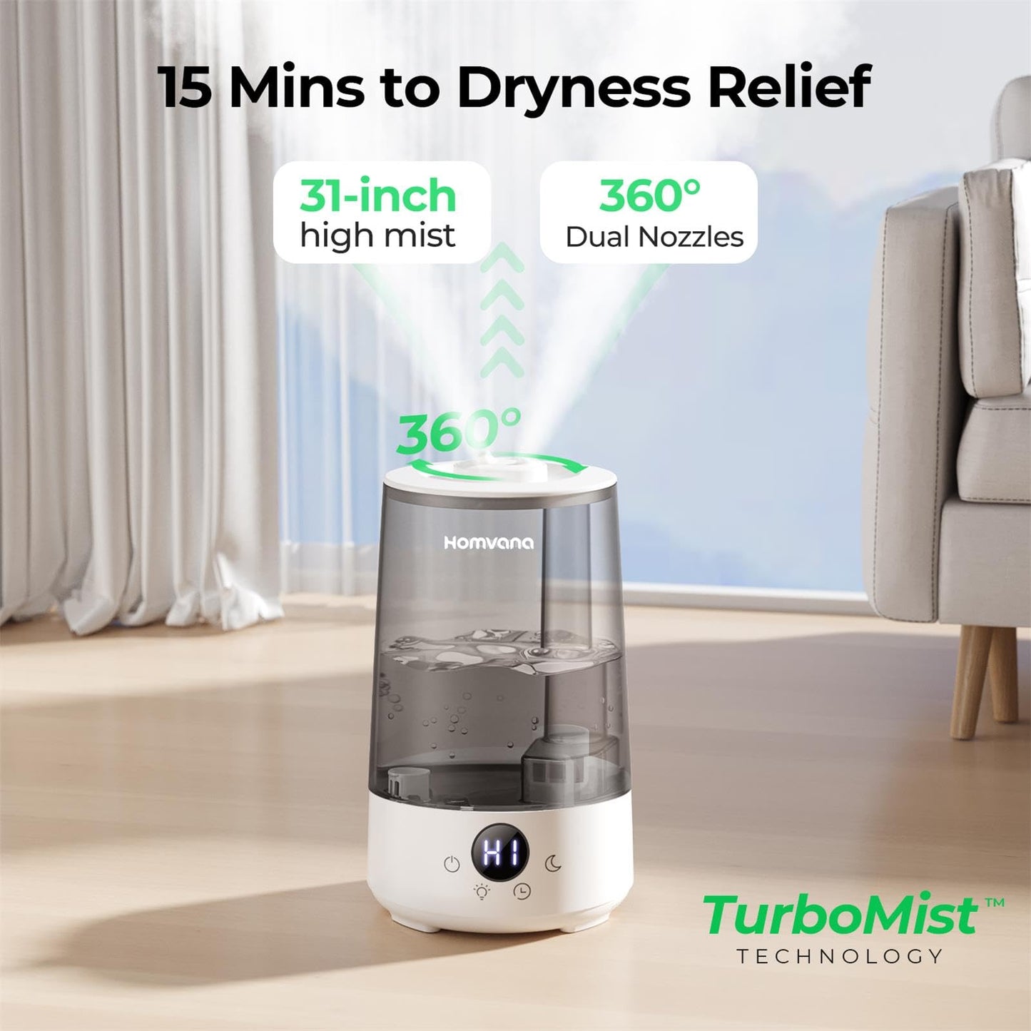 - Homvana Humidifier for Bedroom | 3.6L | Cool Mist for Large Room | 360° Rotatable -