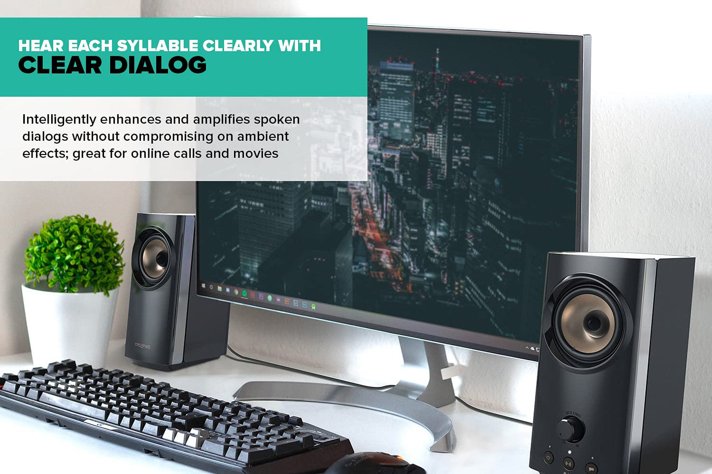 CREATIVE T60 2.0 Compact Hi-Fi Desktop Speakers with Clear Dialog and Surround by Sound Blaster, SmartComms Kit, USB-C Audio, Mic and Headset Ports, Bluetooth 5.0