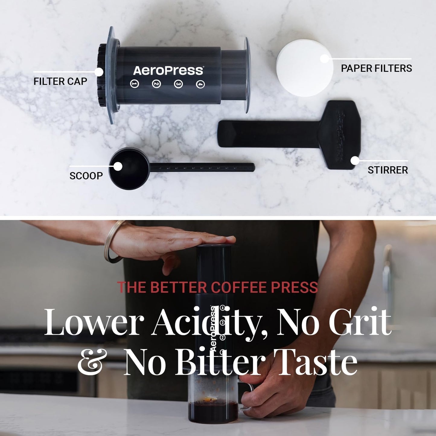 AeroPress Coffee and Espresso Maker - Quickly Makes Delicious Coffee Without Bitterness - 1 to 3 Cups Per Pressing,Black
