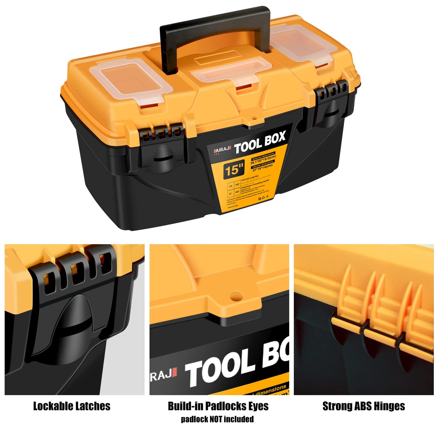 AIRAJ 15" Tool Box with Double Locking Buckle, Lightweight Plastic Tool Box with Removable Tray and Small Parts Box,Portable Tool Storage Box for Tools(38.1 * 22 * 19.5cm)