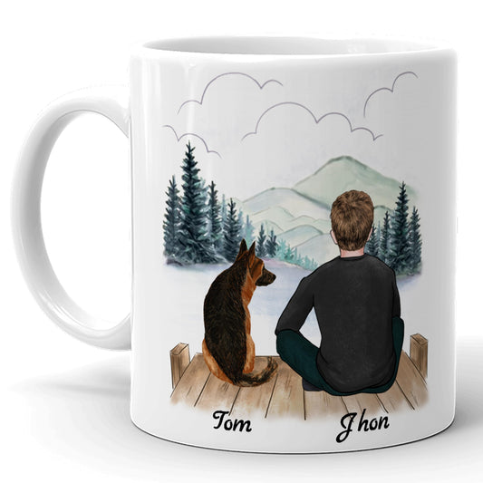 4GIFTSAKE Customised Boy Dog Coffee Mug - Ceramic Cup with Personalised Design for Dog Dad - Custom Names, Attire and Scenery - Unique Gift for Pet Lovers