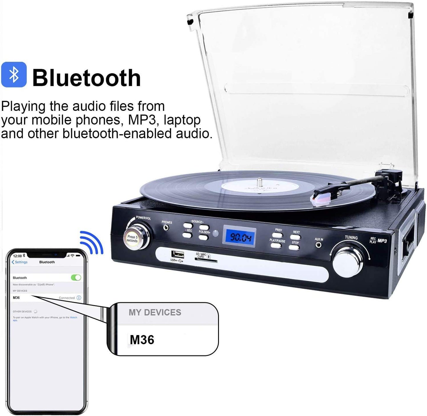 - DIGITNOW! Vinyl Record Player | Bluetooth Turntable with Stereo Speakers | Turntable for Vinyl to MP3 with Cassette Play | AM/FM Radio | Remote Control -