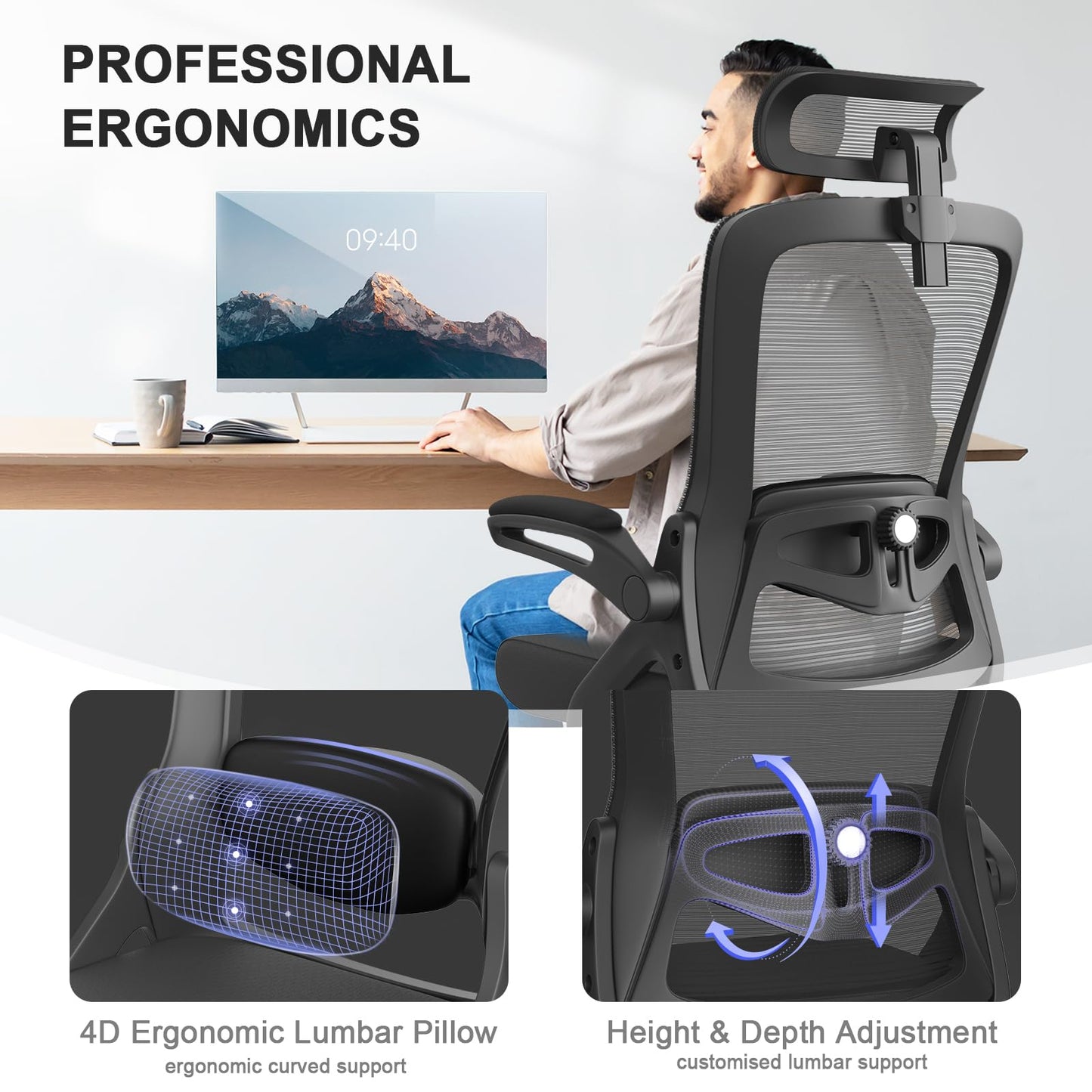 BareTay Office Chair Ergonomic Desk Chair with Adjustable Pillow Lumbar Support,Padded Flip-up Armrests,Headrest,Comfy Seat Cushion Mesh Office Desk Chair High Back Task Chair Swivel Computer Chair