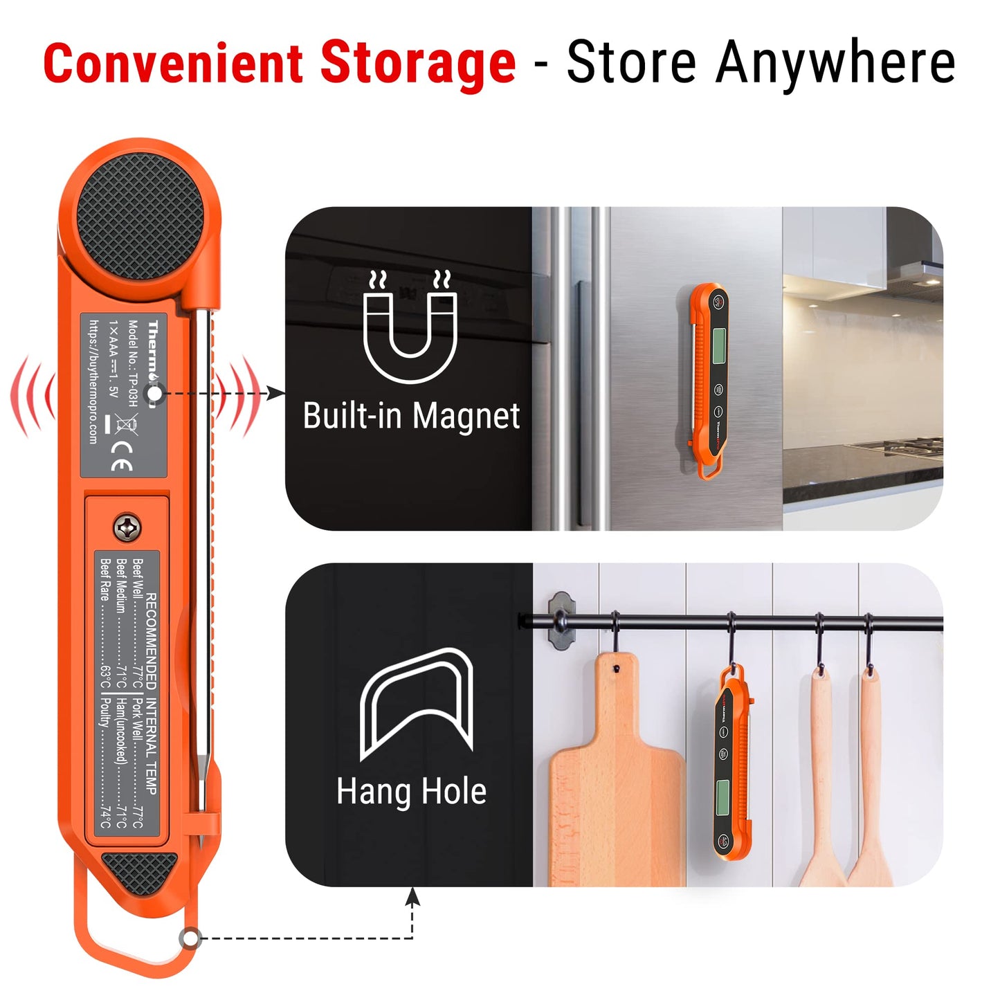 - ThermoPro TP03H Meat Thermometers | Foldable Food Temperature Probe | IPX6 Waterproof Food Thermometer -