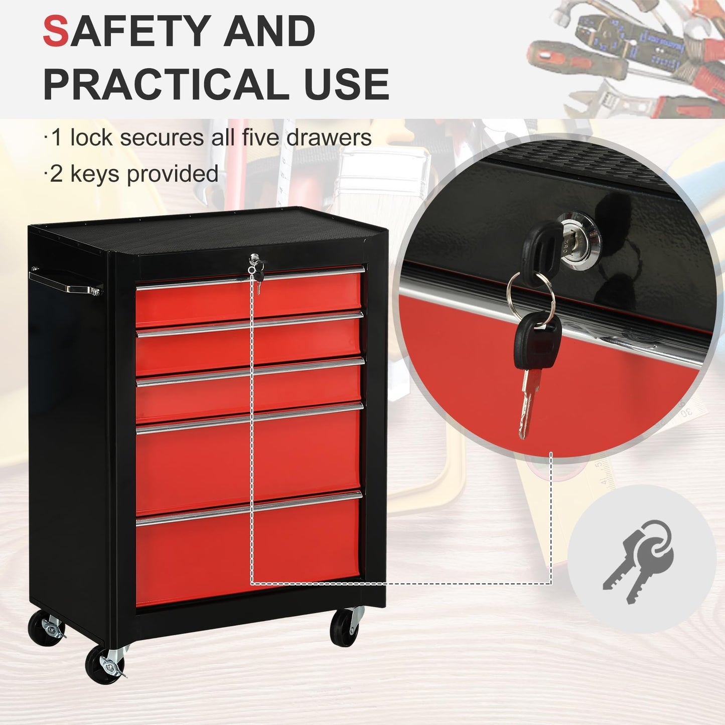 - HOMCOM 5-Drawer Lockable Steel Tool Storage Cabinet | Wheels | Handle 2 Keys | Organisation Box -