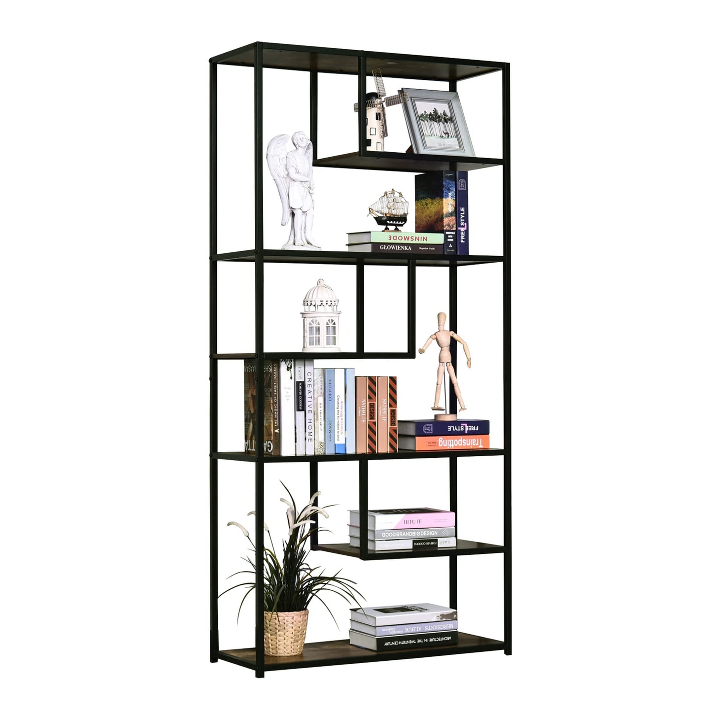 - HOMCOM 6 Tier Bookcase | Industrial Tall Shelf Unit | Steel Frame -