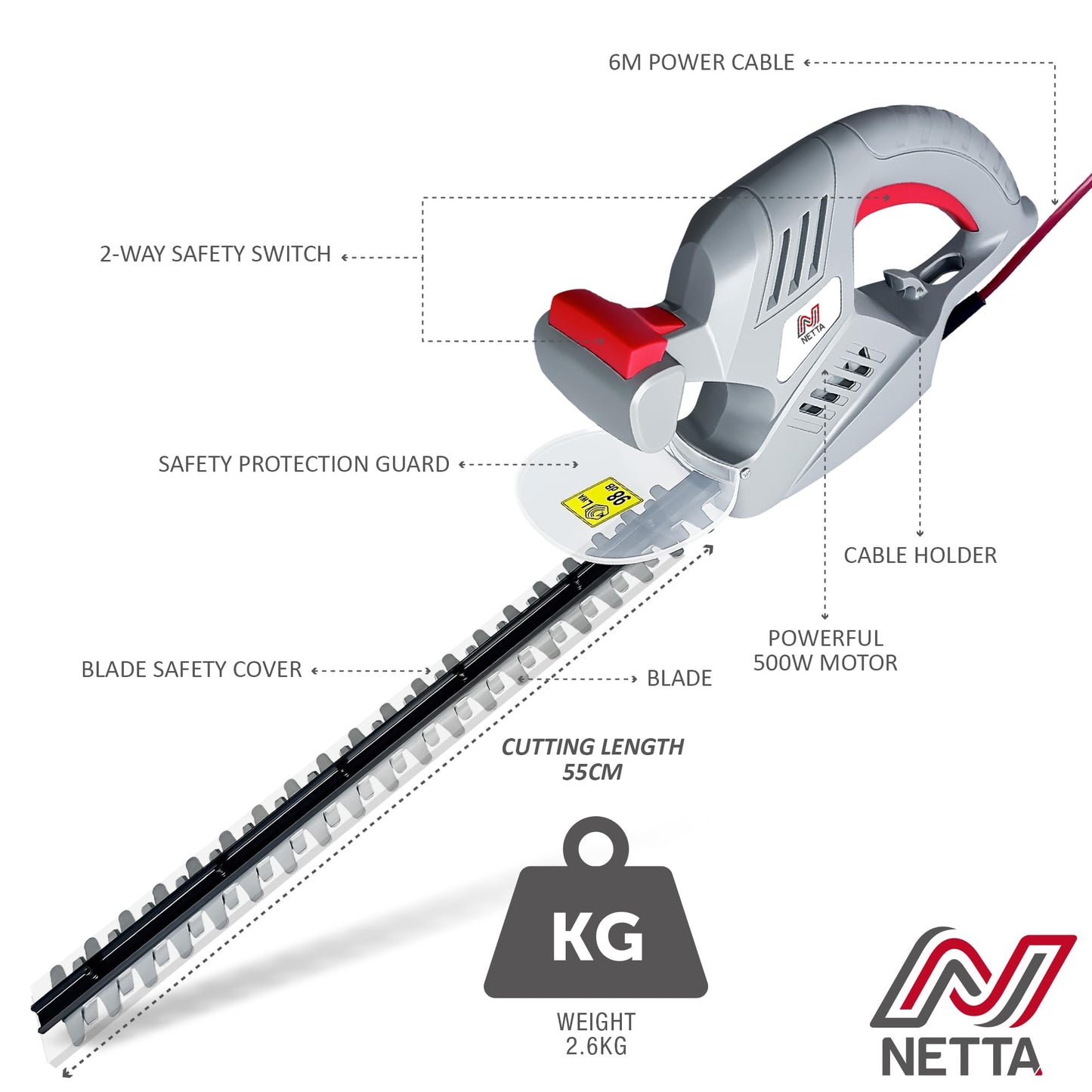 - NETTA Hedge Trimmer and Cutter | 500W | 500mm Diamond Cutting Blade -