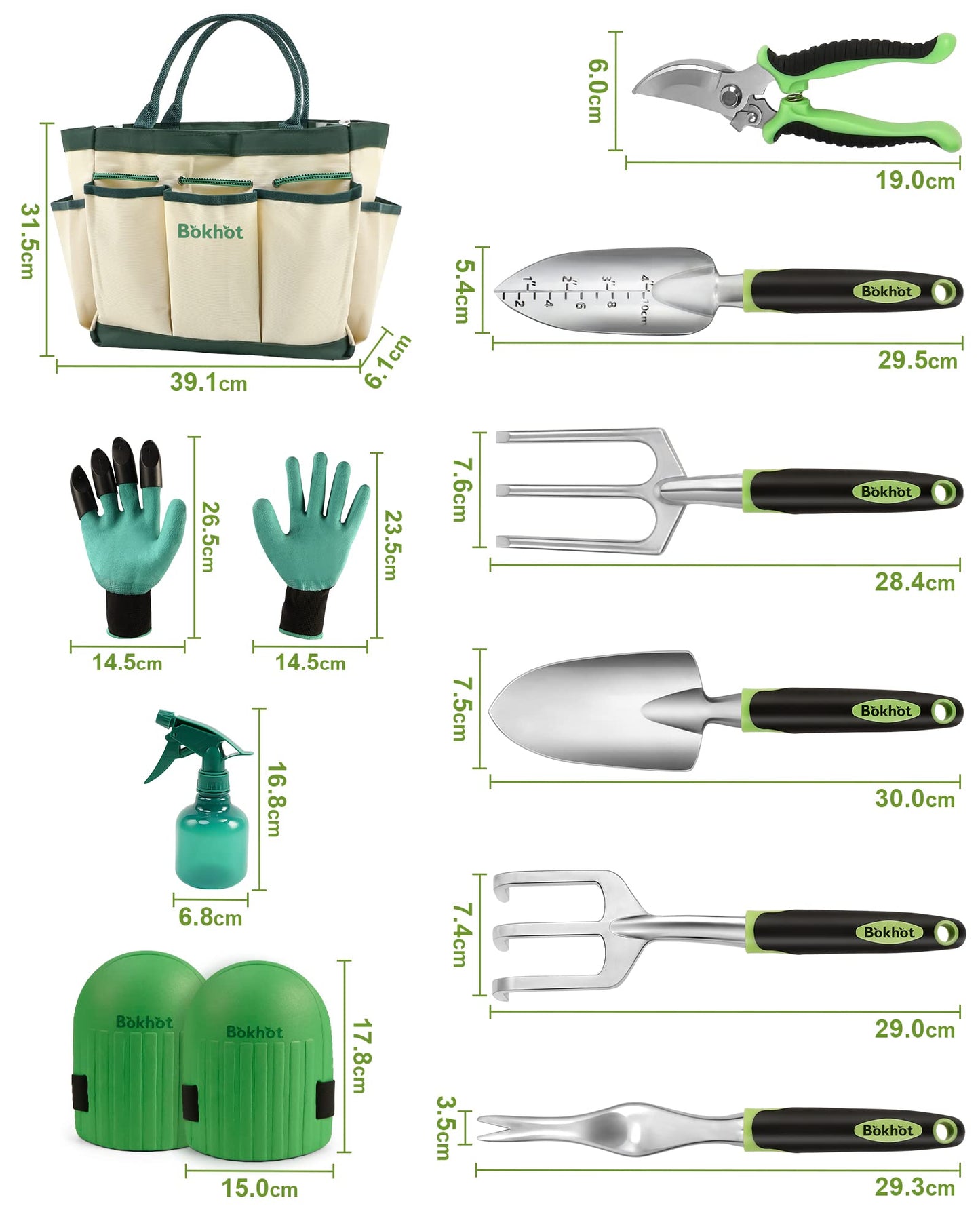Bokhot Garden Tools Set Gardening Hand Tool Gift Kit with Heavy Duty Tool Bag for Easy Storage, Gardening Gifts for Outdoor Women & Men, Green (PG023)
