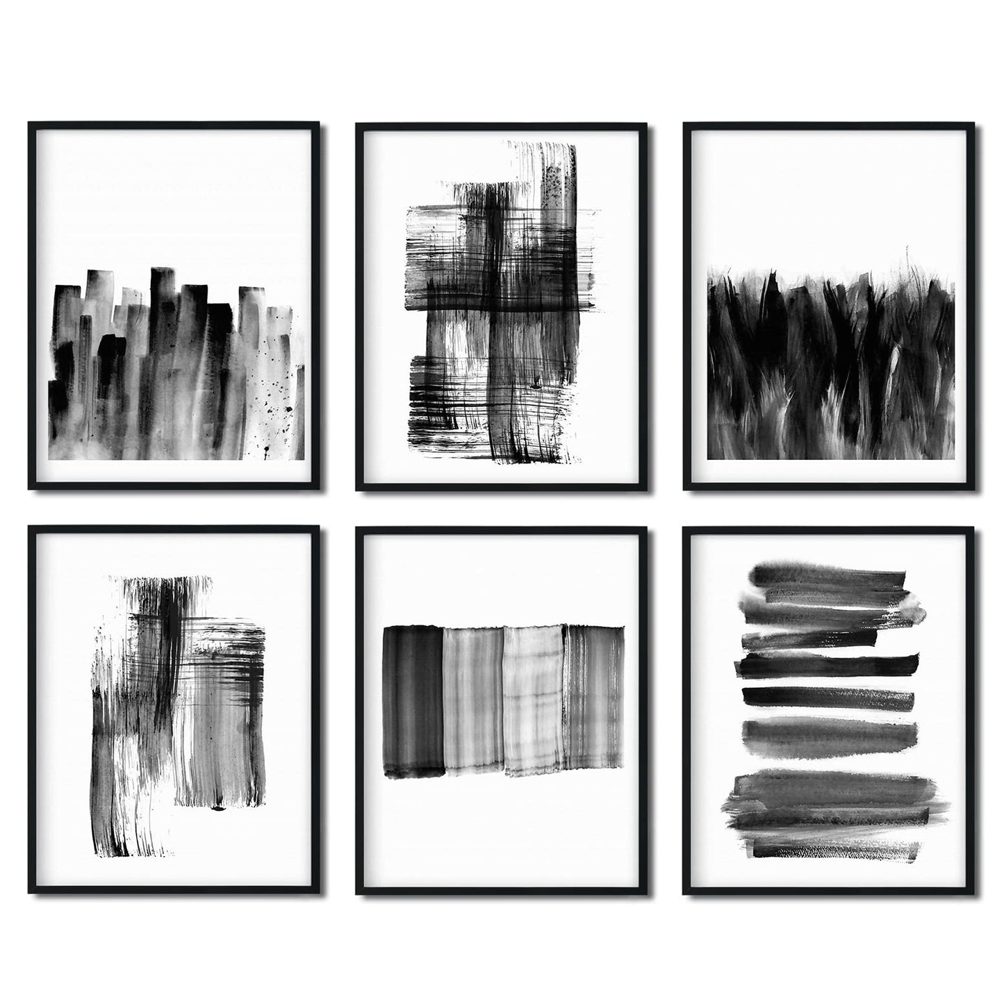 Abstract Black And White Prints - Grey Writing Brush Line Wall Art Pictures for Office Decoration Unframed 8 x 10 Inches 6 Pieces Minimalist Style Paper Paintings Decor for Kitchen Bedroom Living Room