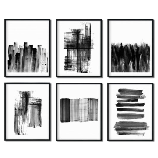 Abstract Black And White Prints - Grey Writing Brush Line Wall Art Pictures for Office Decoration Unframed 8 x 10 Inches 6 Pieces Minimalist Style Paper Paintings Decor for Kitchen Bedroom Living Room