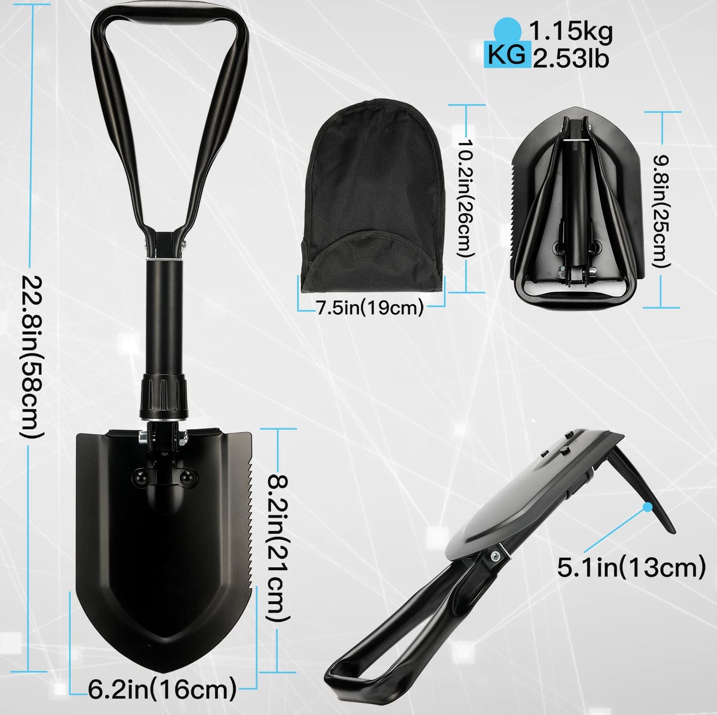 - Camping Shovel | 50# High-Carbon Steel Entrenching Tool | Folding | Portable Shovel For Garden, Hunting, Hiking, Fishing | Black -