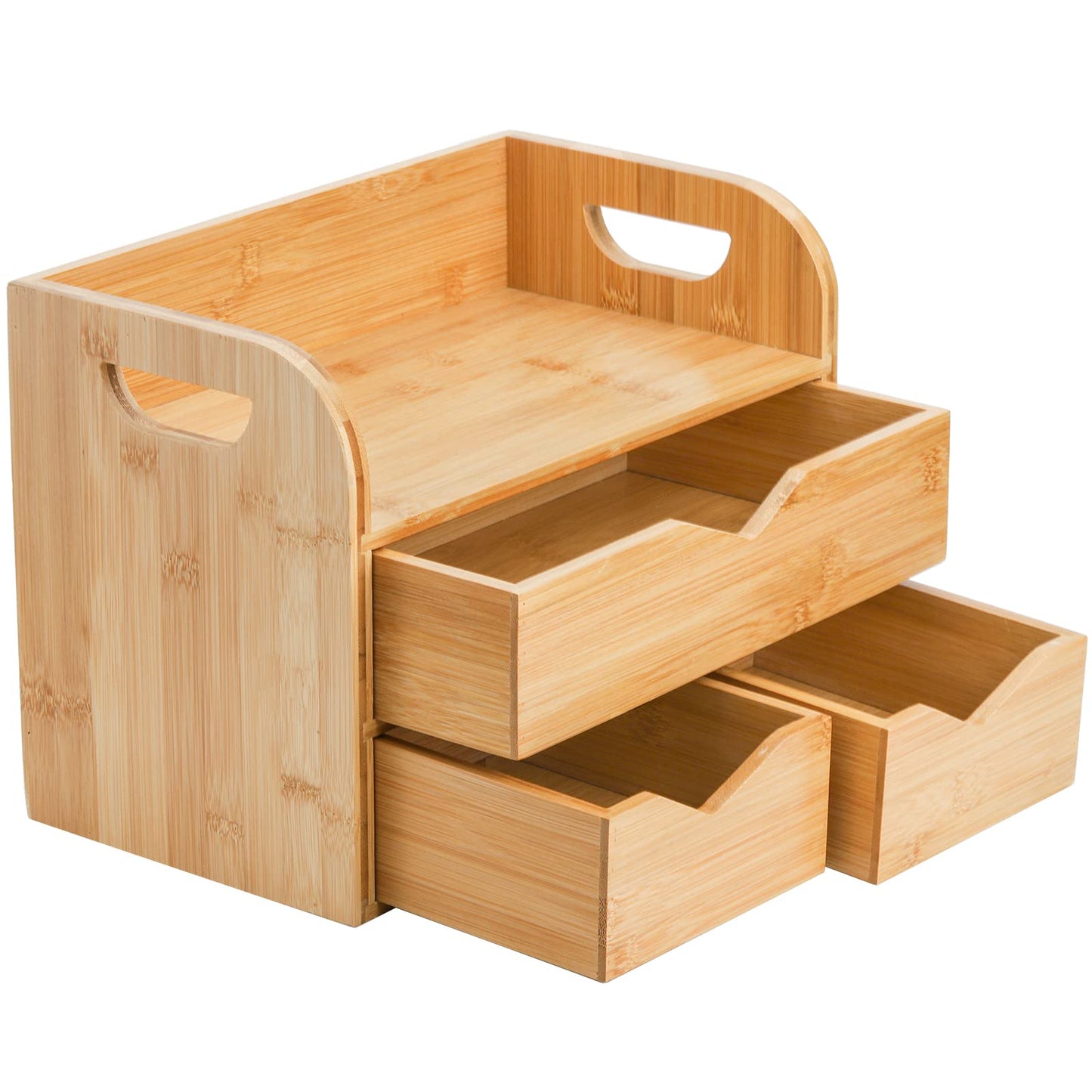 - Hacaroa 3 Tier Bamboo Desktop Organizer with 3 Drawers | Mini Tabletop Craft Box Cosmetic Storage Drawer with Handle -