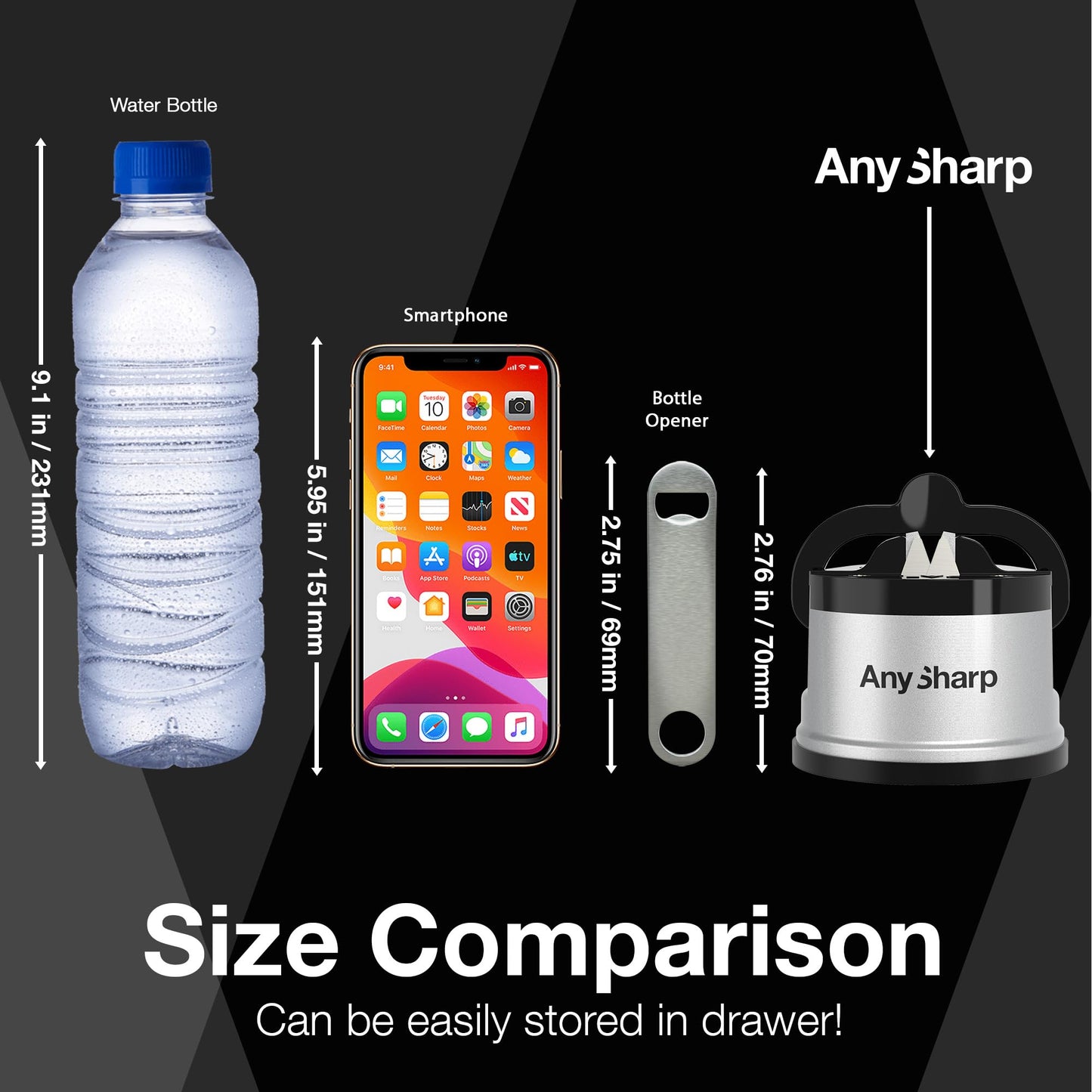 AnySharp Knife Sharpener, Hands-Free Safety, PowerGrip Suction, Safely Sharpens All Kitchen Knives, Ideal for Hardened Steel & Serrated, World's Best, Compact, One Size, Silver