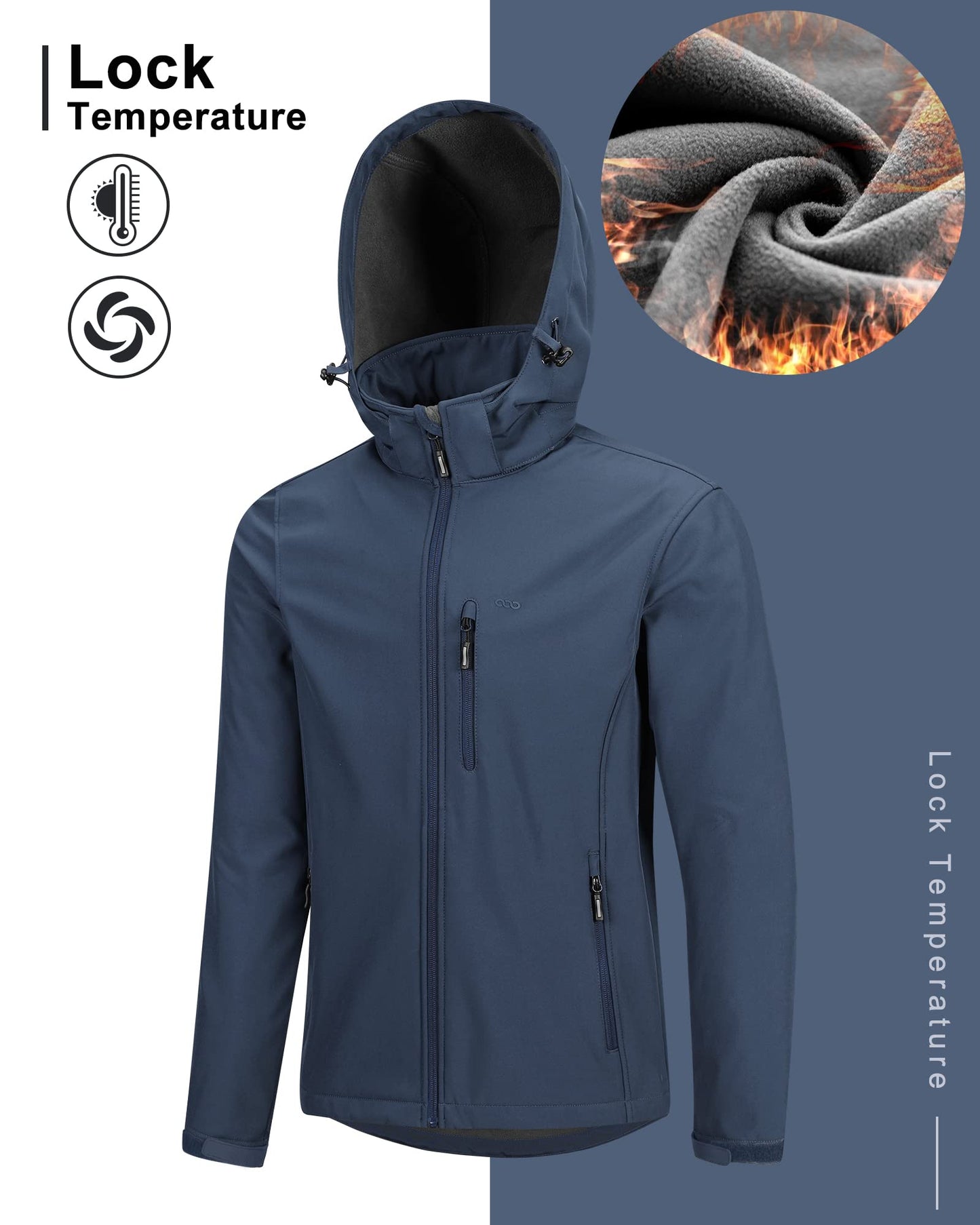33,000ft Men's Waterproof Jackets Fleece Lining Softshell Jacket - Multi Pockets Outdoor Windproof Coat With Detachable Hood Navy blue S