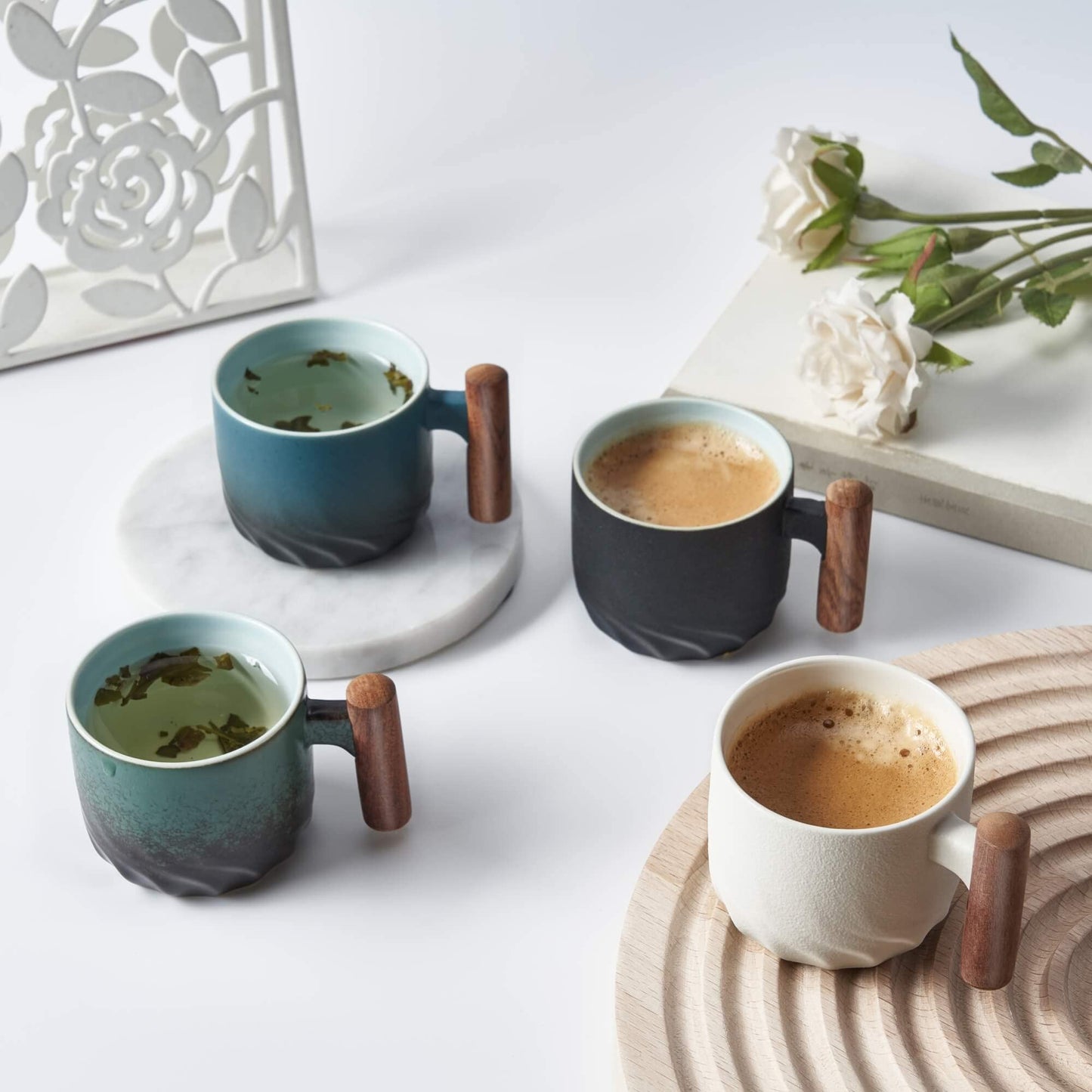 BlogBlog Ceramic Espresso Cups with Wooden Handle Espresso Shot Cups Ceramic Tea Cups Porcelain Demitasse Cups for Coffee or Tea, 3oz (black, 2)