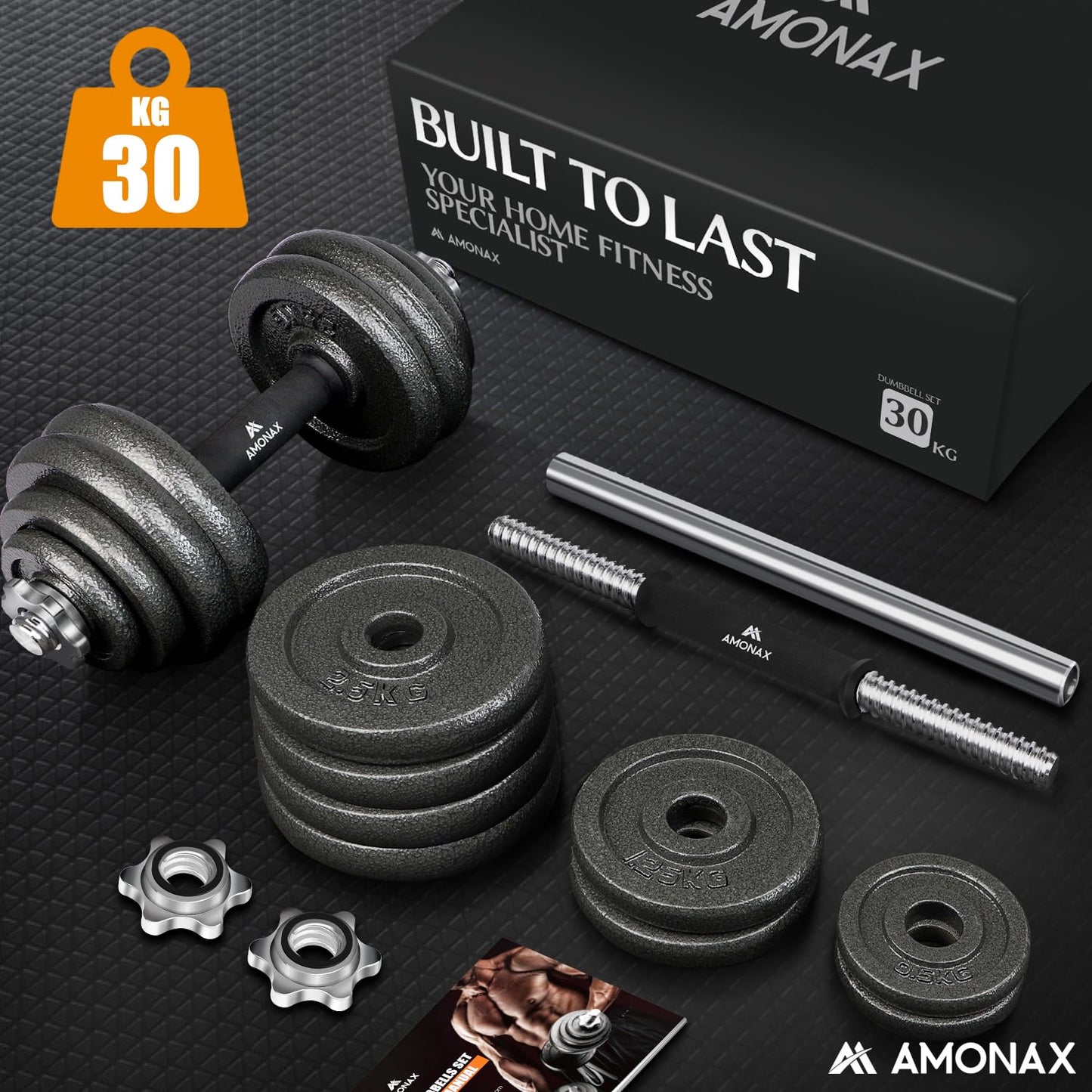 Amonax 30kg Cast Iron Adjustable Dumbbells Weight Set, Barbell Set Men Women, Strength Training Equipment Home Gym Fitness, Dumbell Pair Hand Weight, Bar Bells Free Weights for Weight Lifting