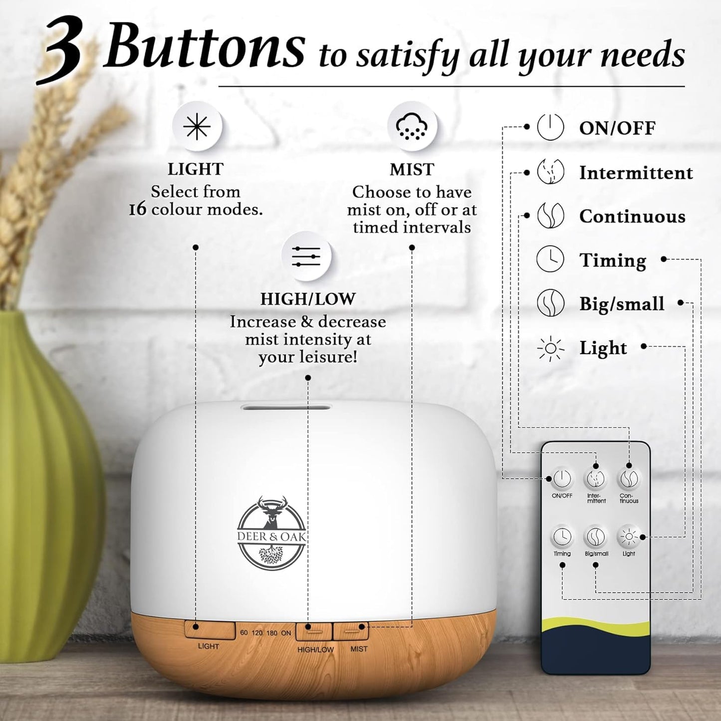 Deer & Oak - 500ml Aromatherapy Diffuser Humidifier - Essential Oil Diffusers For Home - Air Humidifiers - 7 LED Light Colours - Remote Control - Timer & Auto Empty Shutdown - Aroma Air Diffuser