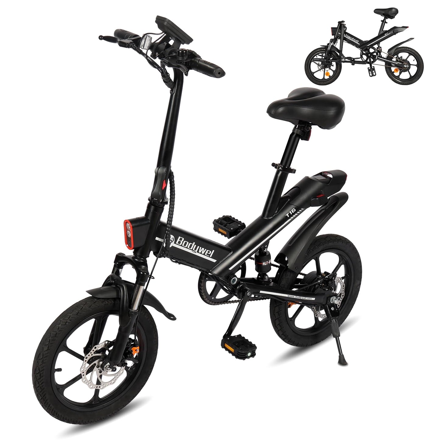 Bodywel T16 Folding Electric Bike, 16" Portable E-bike with 36V/10.4Ah Battery, 250W Motor, Dual Disc Brakes, LED Display, Front Suspension, City Commuter Electric Bicycle for Adults