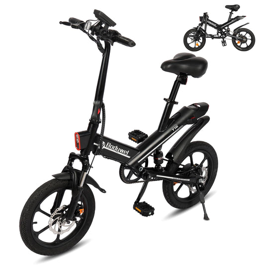 Bodywel T16 Folding Electric Bike, 16" Portable E-bike with 36V/10.4Ah Battery, 250W Motor, Dual Disc Brakes, LED Display, Front Suspension, City Commuter Electric Bicycle for Adults