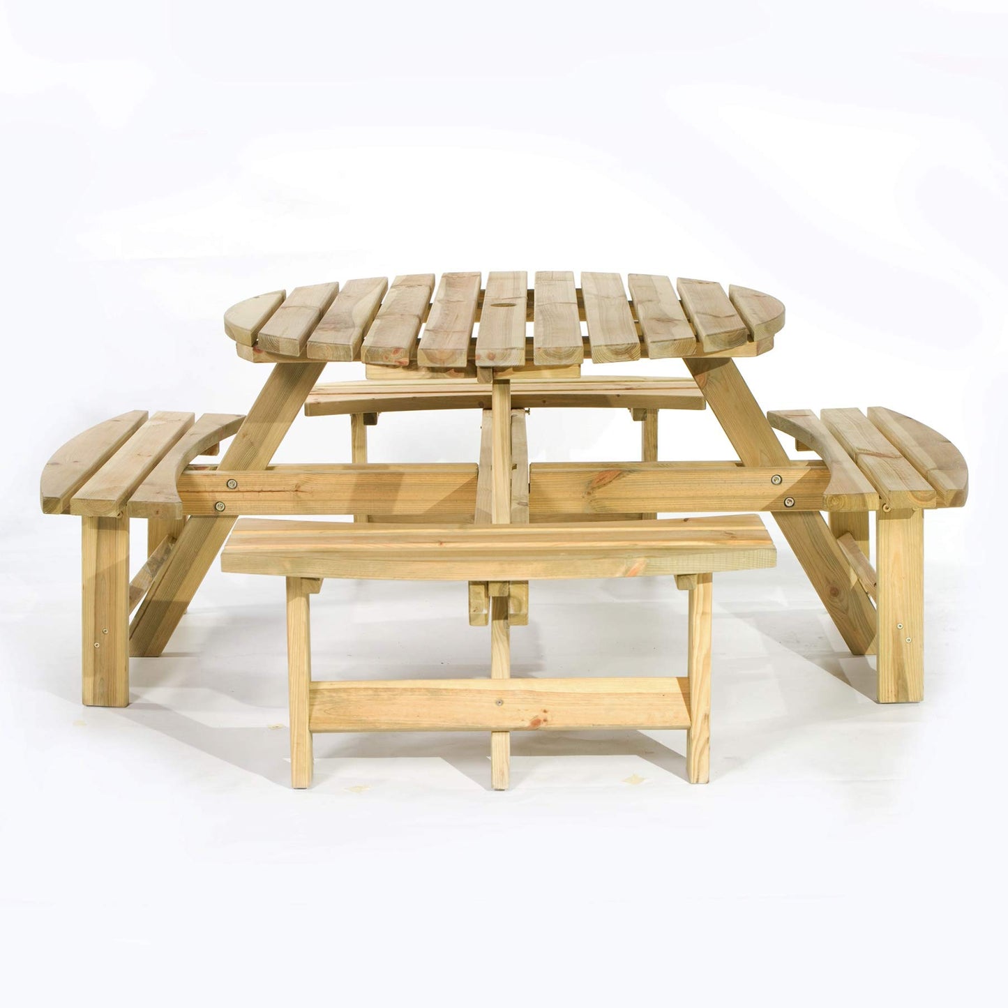 BrackenStyle Wooden Round Table with Bench and Parasol Hole - 1 Piece Furniture Outdoor Dining for Picnic, Garden, Patio, 8 People Seater with 1.8M Diameter (Green Pine)