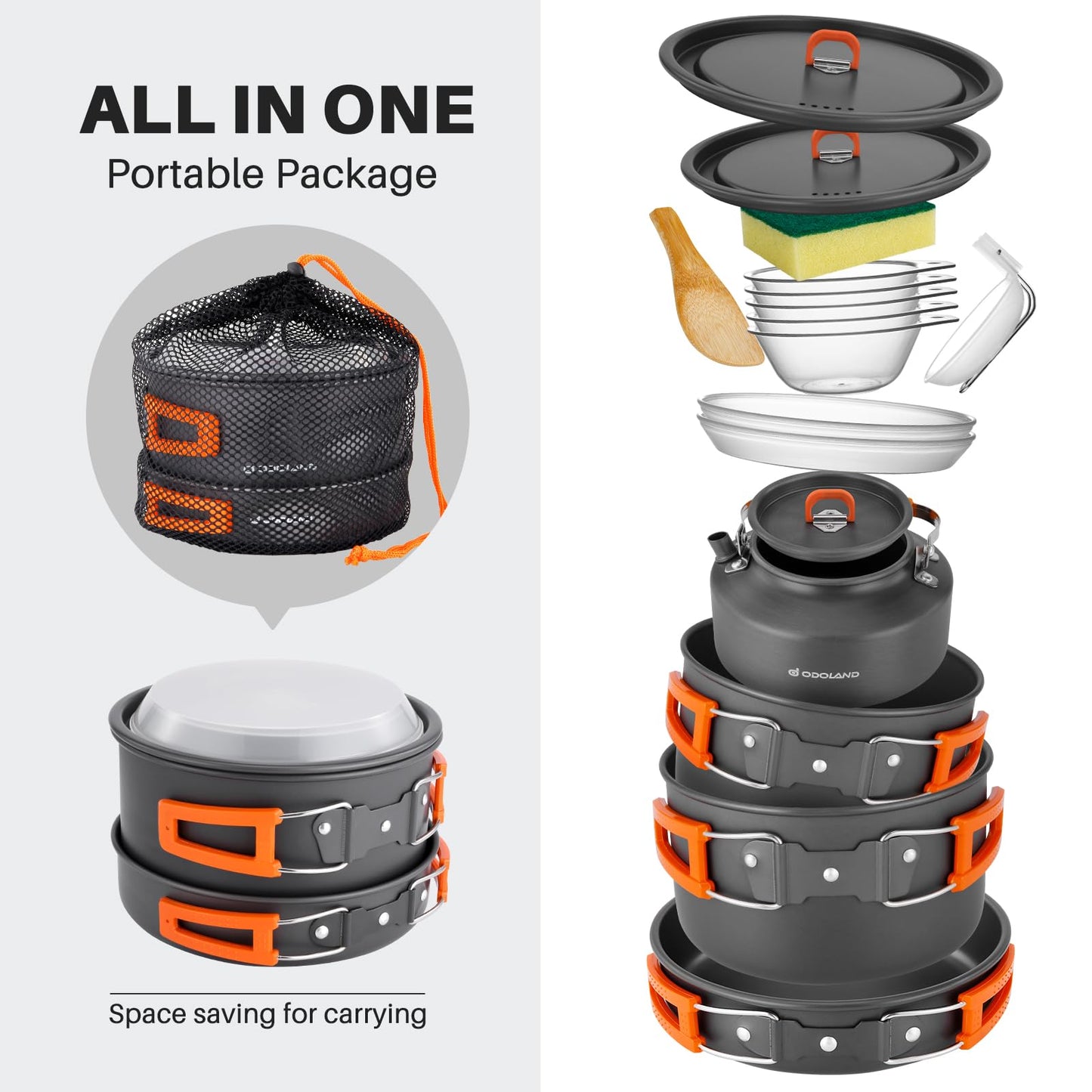 - Odoland Camping Cookware Set | Non-Stick | Lightweight Camping Kettle Pots and Pans -