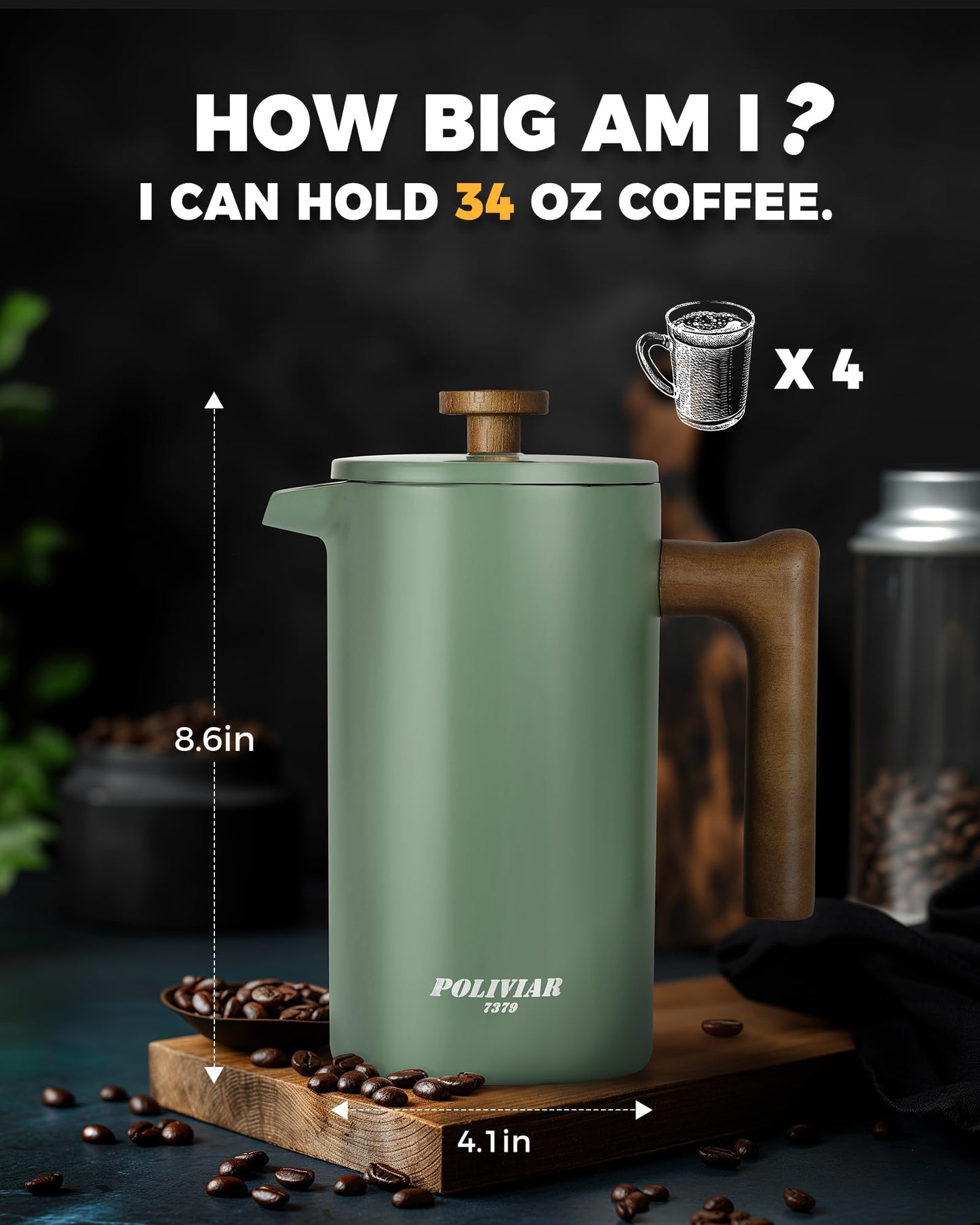 - POLIVIAR Cafetiere 8 Cup- French Press Coffee Maker with Wood Handle | Stainless Steel Cafetiere for Coffee and Tea (1 L) -