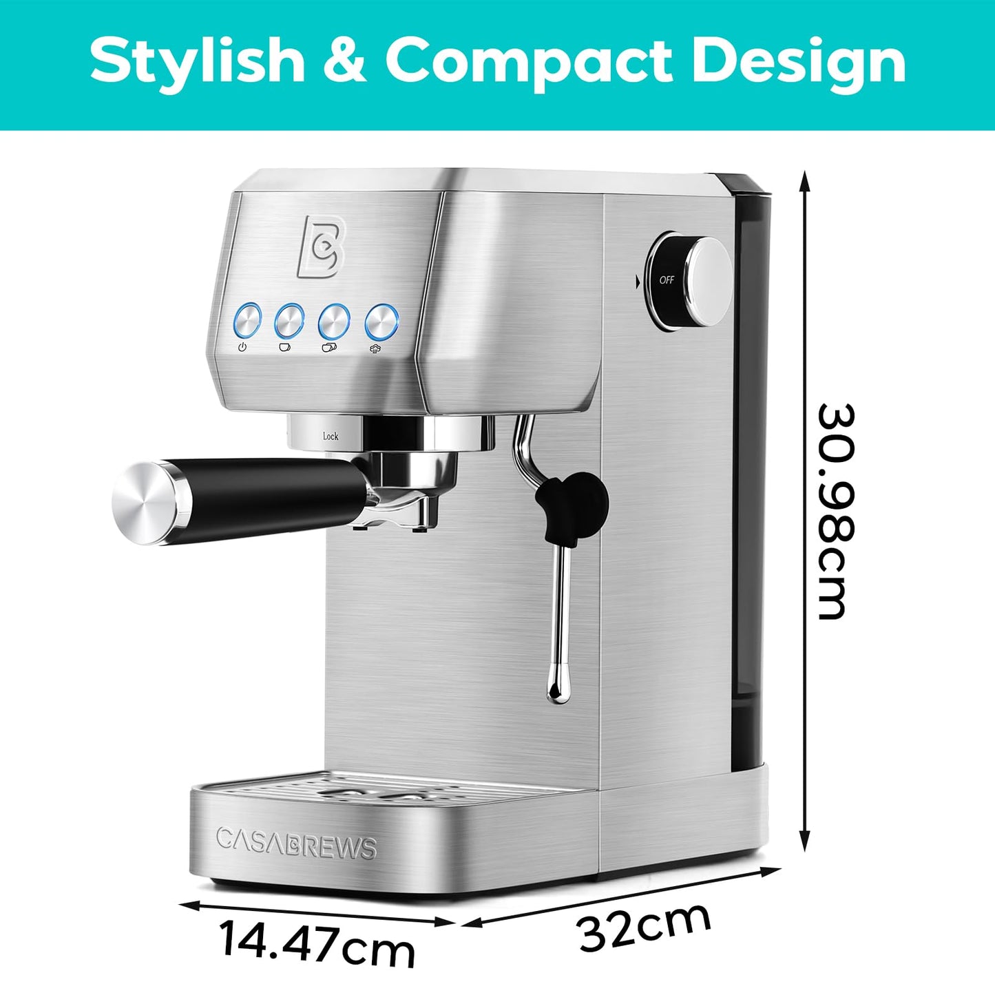CASABREWS 20 Bar Coffee Machine, Professional Coffee Maker, Cappuccino and Latte Machine with Steam Milk Frother, Compact Espresso Machine with 1.3L Removable Water Tank, Stainless Steel