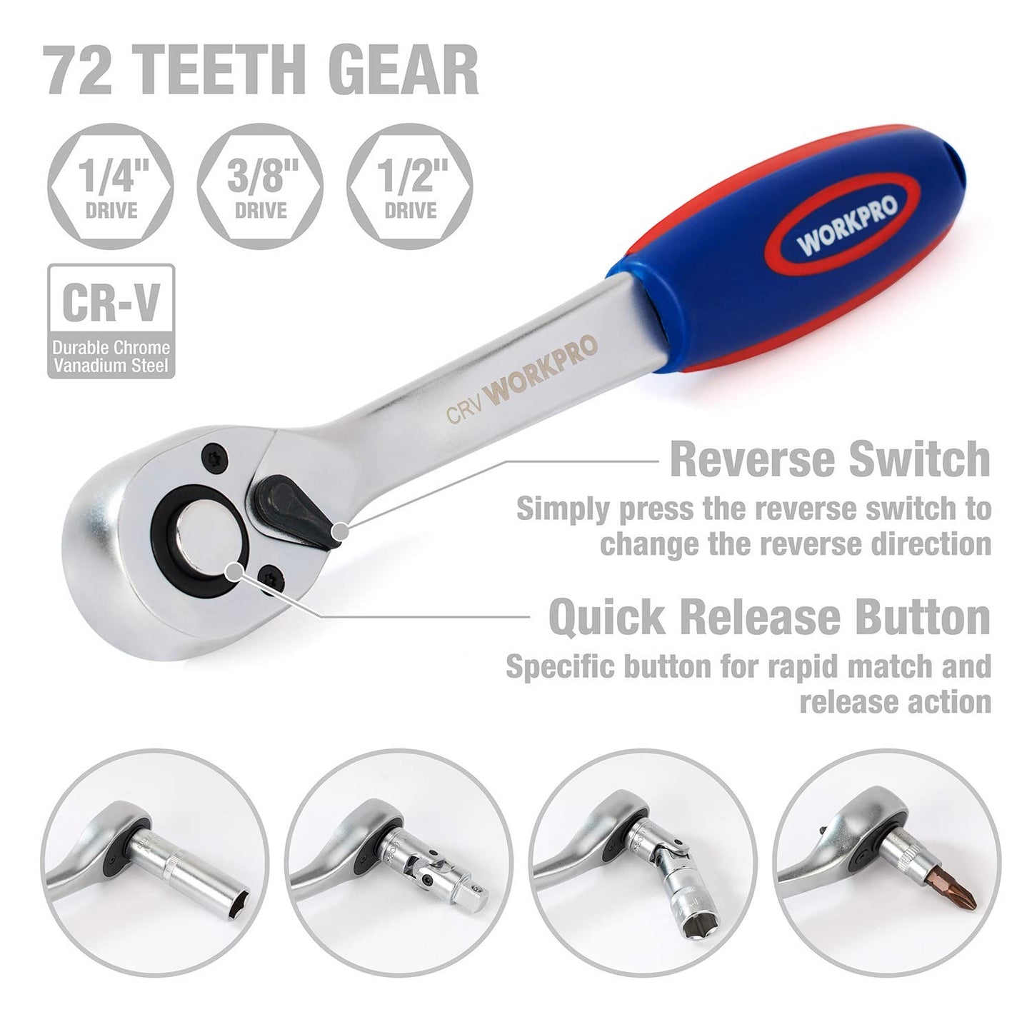 - WORKPRO 172-Piece Socket Set 1/2" 3/8" 1/4" Drive, Cr-V Metric Sockets with 72-Teeth Quick Release Ratchet Handle, Extension Bar & Universal Joints, Useful for Car Repairs, Professionals, Mechanics