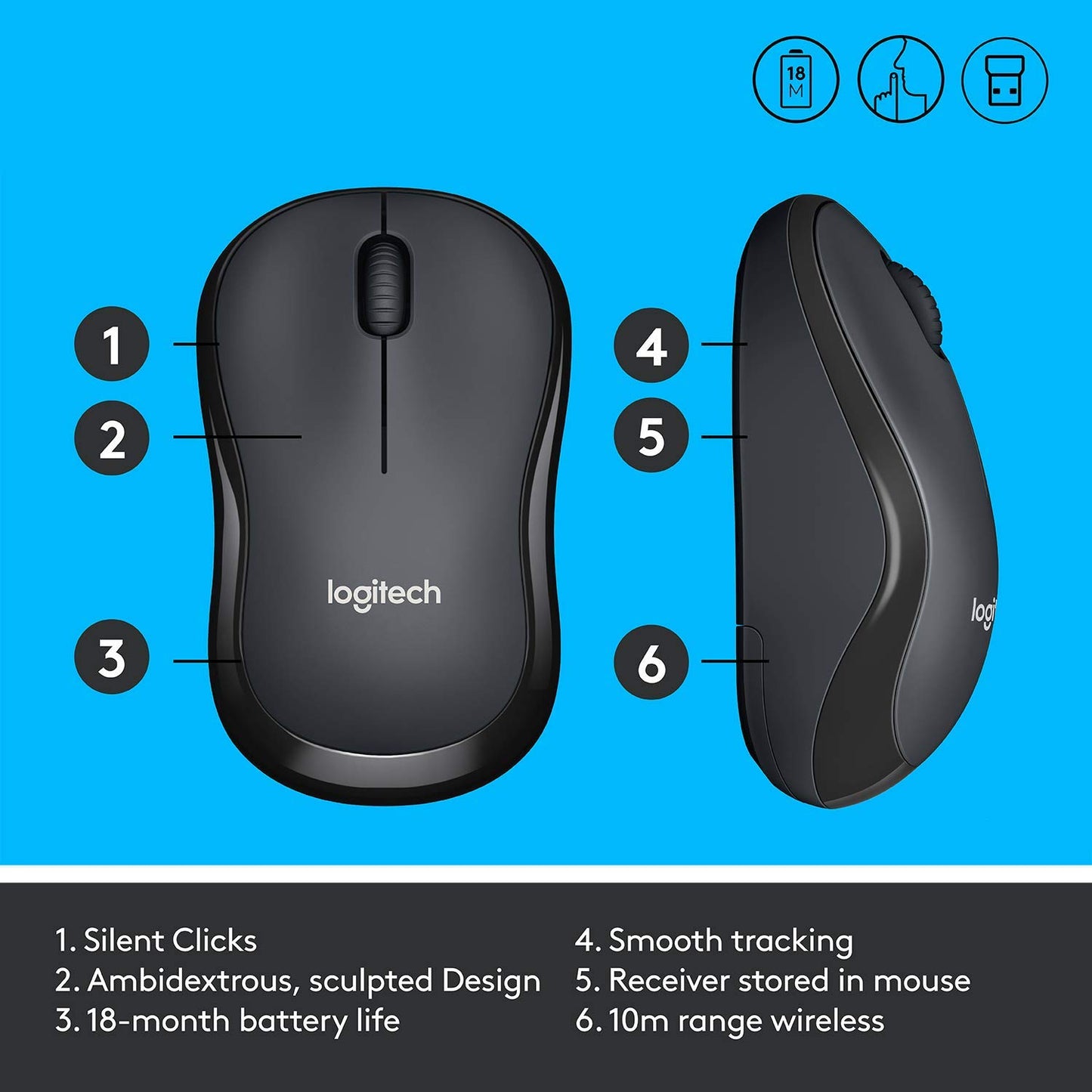 - Logitech M220 SILENT Wireless Mouse | 2.4 GHz with USB Receiver | 1000 DPI Optical Tracking -