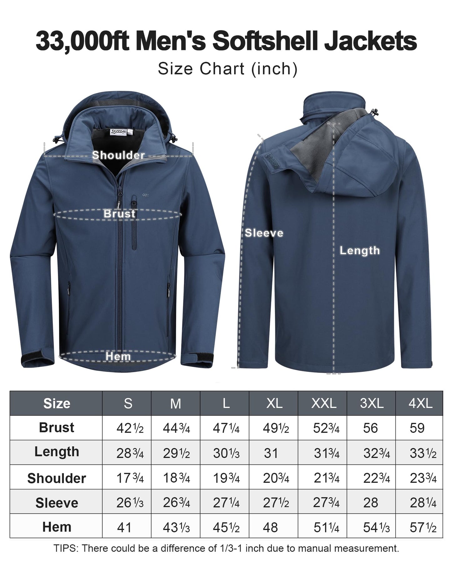 33,000ft Men's Waterproof Jackets Fleece Lining Softshell Jacket - Multi Pockets Outdoor Windproof Coat With Detachable Hood Navy blue S