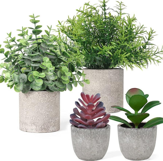 AlMuflihoon Set of 4 Artificial Plants Potted Fake Mini Faux Plant Foliage Eucalyptus Rosemary Succulents for Room Decor Home Kitchen Garden Office Indoor and Outdoor Decoration