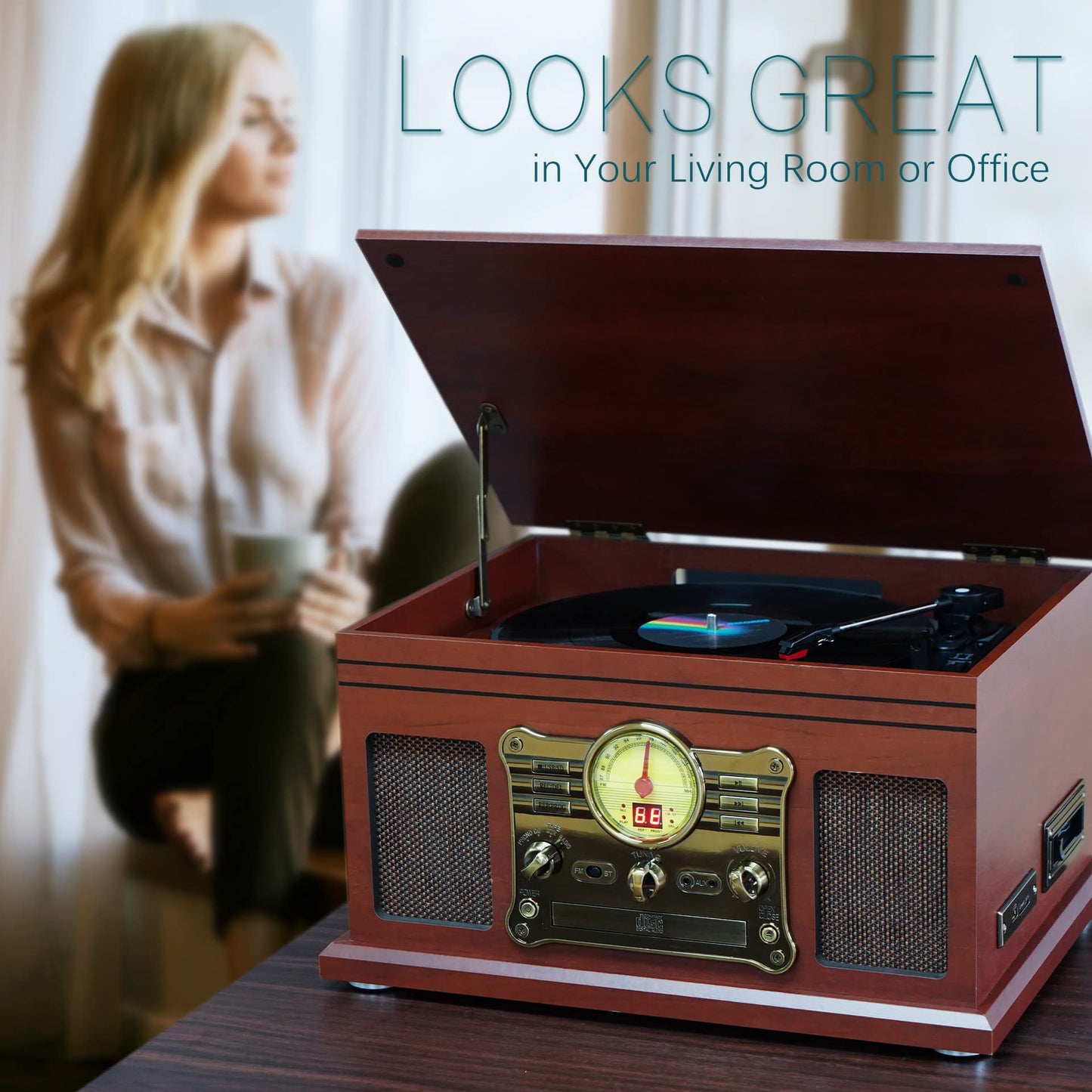 - 10-in-1 Bluetooth Record Player Multifunctional 3-Speed Turntable for Vinyl Record with Stereo Speaker,LP Vinyl to MP3 Converter with CD, Cassette Player,FM Radio,Wireless Music Streaming | Mahogany