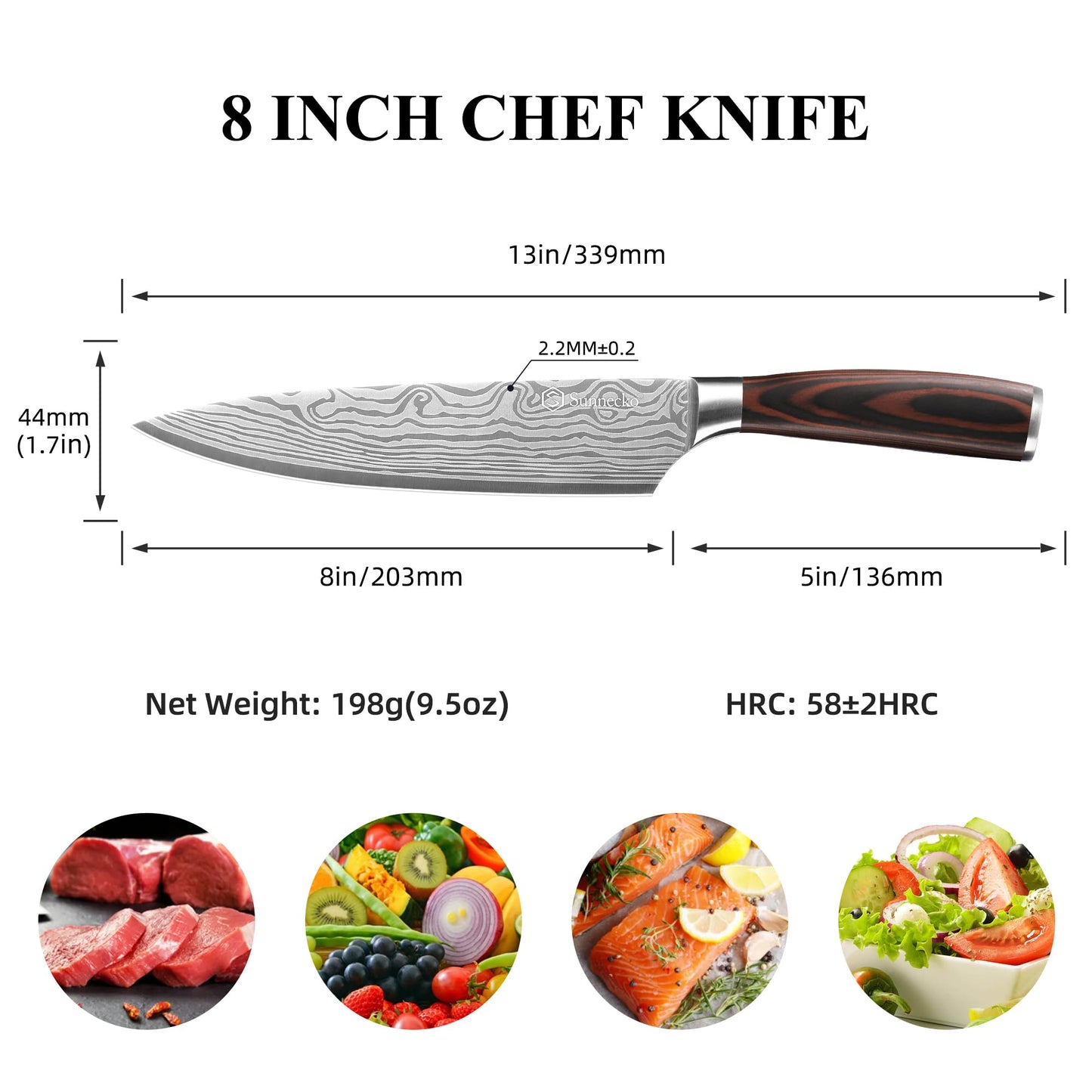 - Sunnecko Chef Knife 8 inch | Kitchen Knife with Sharp High Carbon Stainless Steel Blade -