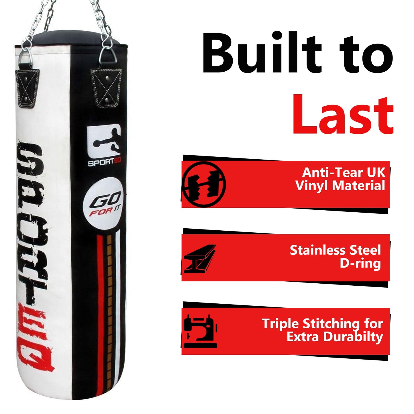 - Sporteq Dyno Heavy Filled Punch Bag Sets for All Ages | Steel Hanging Ring & Floor Attachment | Boxing, Martial Arts, Home & Commercial Gym Use (Black/White, 5FT) -
