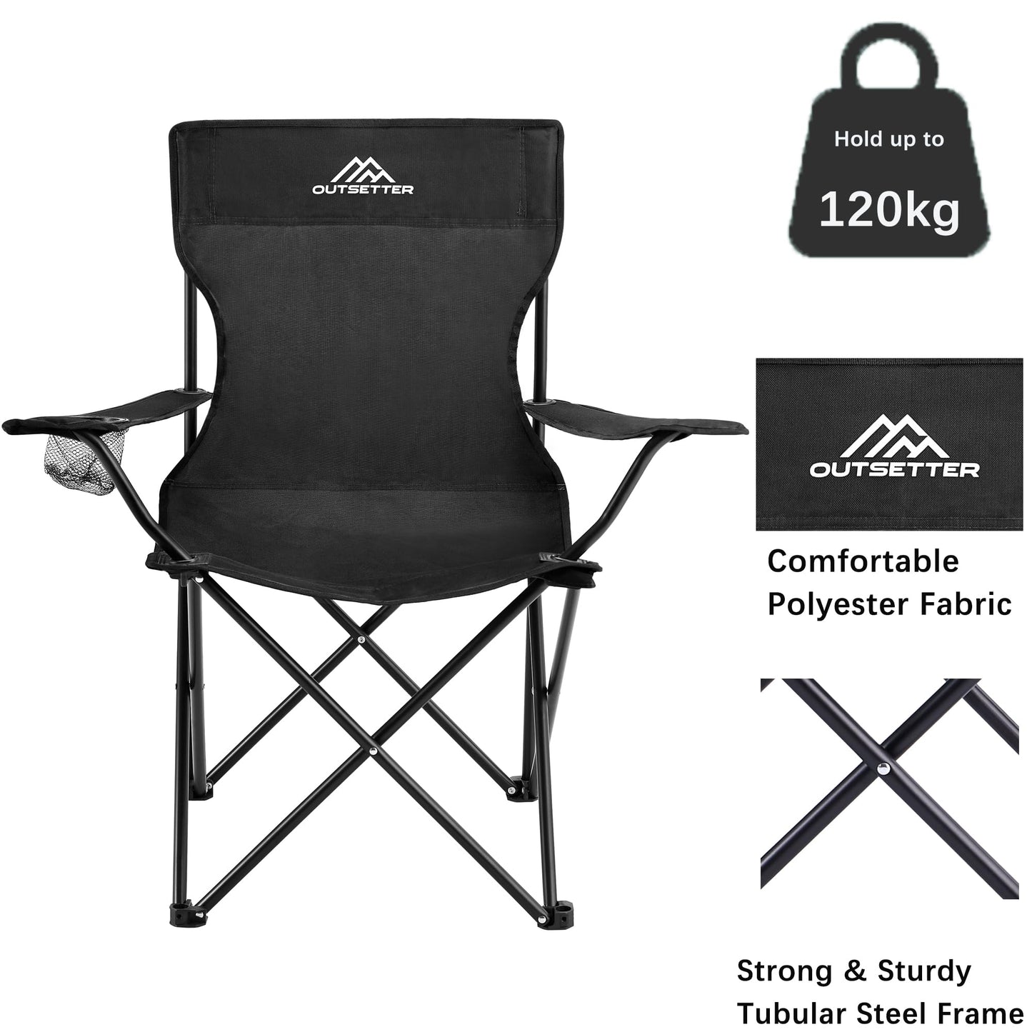 Camping Chair | Lightweight Folding | Portable Chairs for Outdoors | Cup Holder | Storage Cover | Outdoor Leisure Chair Durable with Arm Rest for the Beach, Lawn, Fishing Trip Garden and BBQs Black