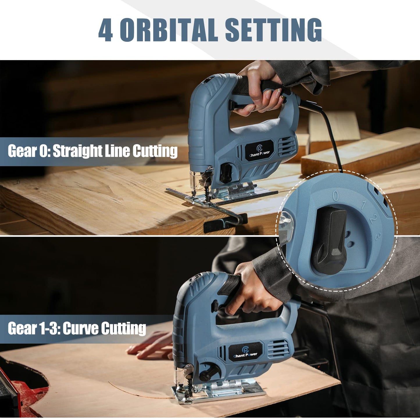 C P CHANTPOWER Jigsaw Tool, 600W 800-3000 SPM Jig Saw with 6 Variable Speed, 4 Orbital Sets, 6 T-Shank Saw Blades, Scale Ruler, ±45°Bevel Cutting Angle