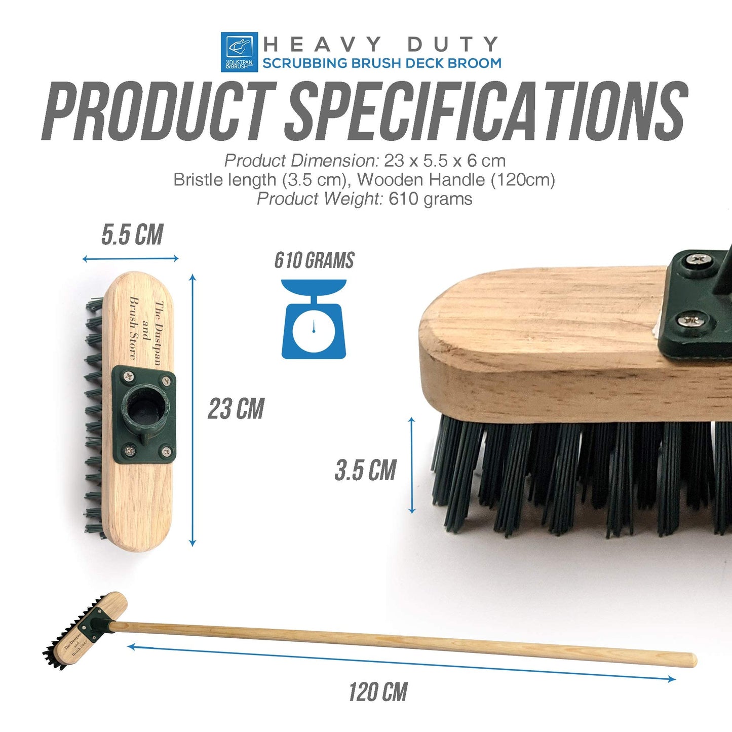 9" Stiff Heavy Duty Long Handled Scrubbing Brush Deck Broom with Wooden Handle PVC Bristles